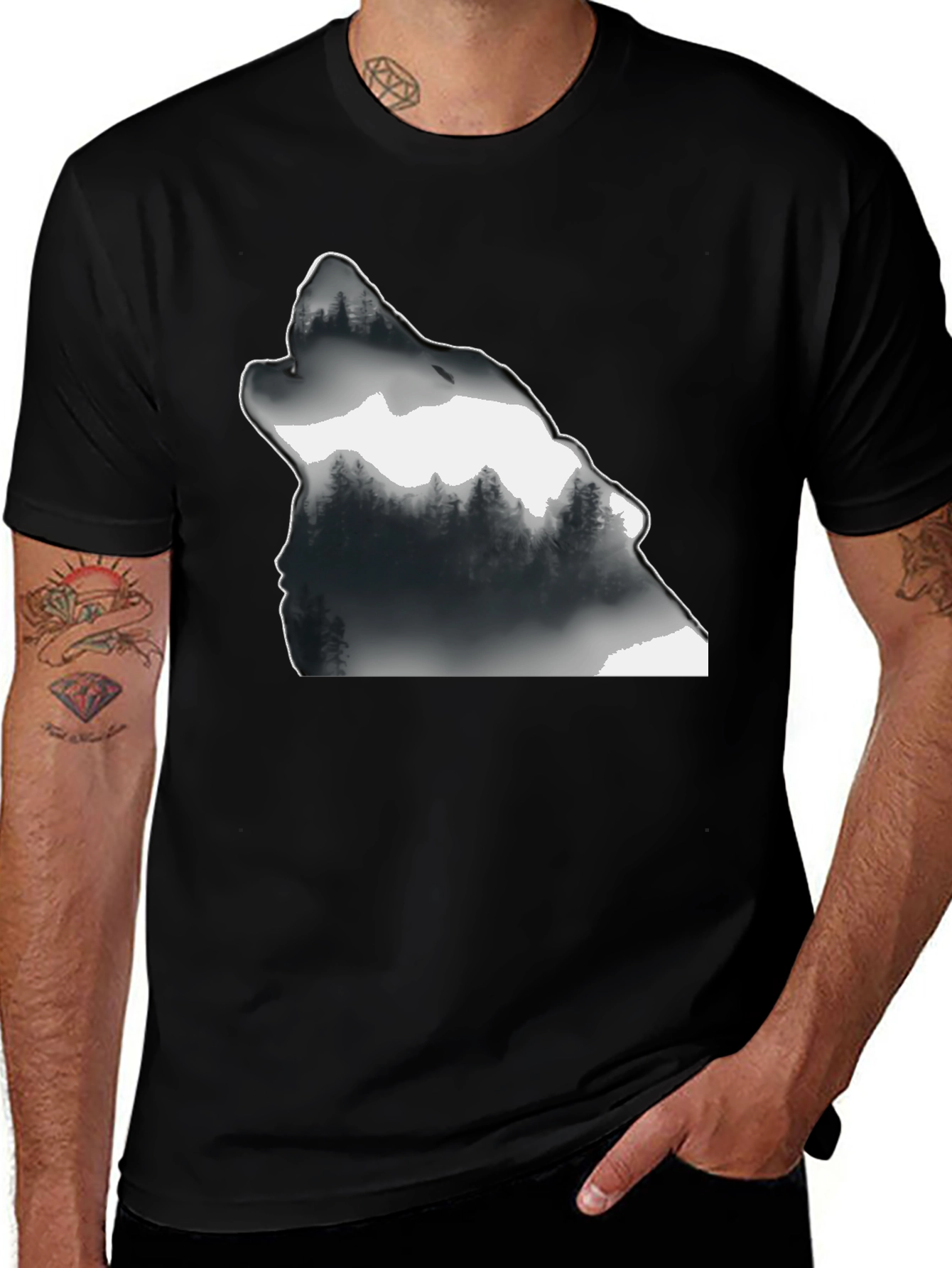 Variant 10 of Wolf Howl Forest Graphic Tee - Black Cotton Blend