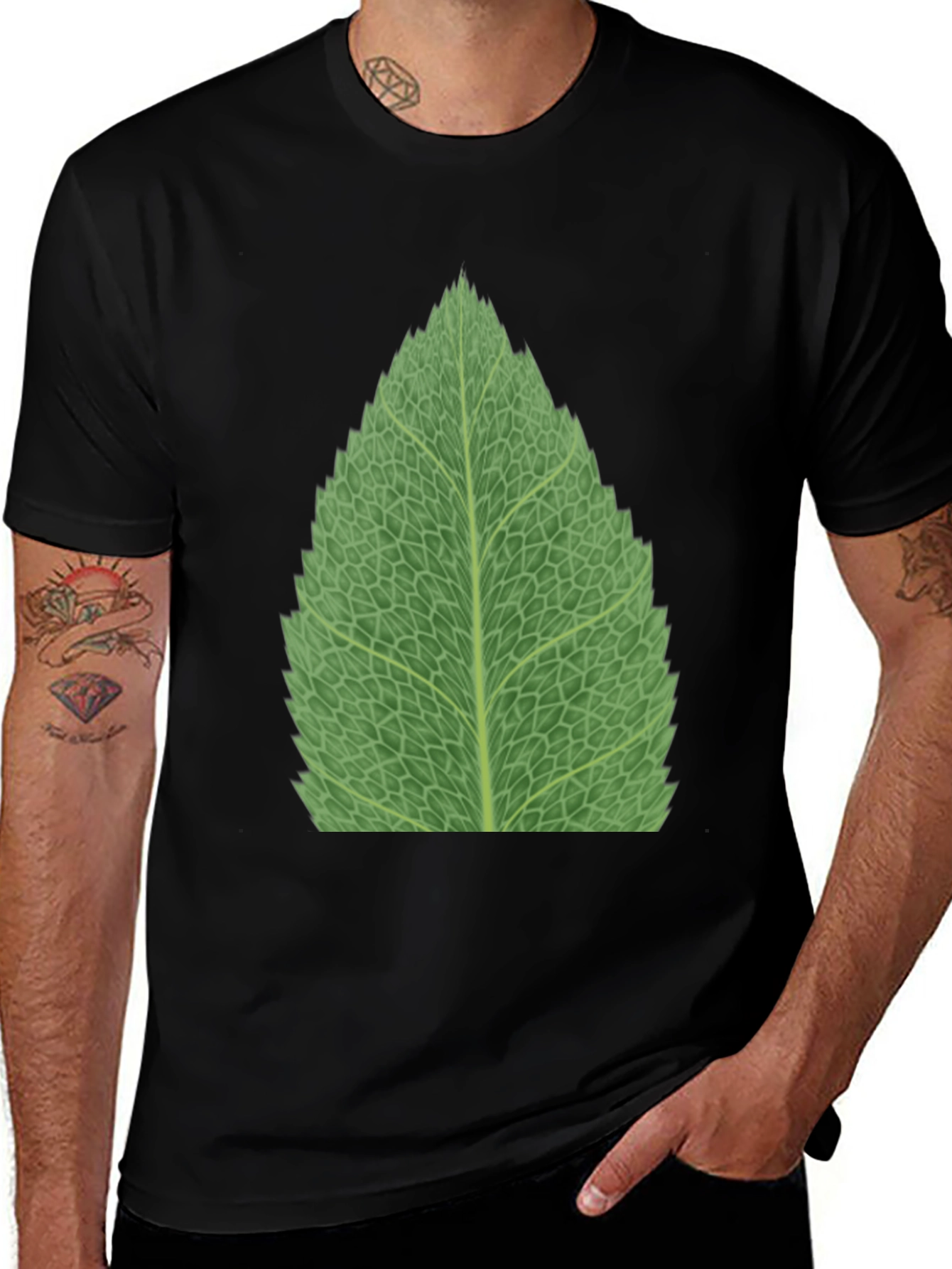 Variant 26 of Green Leaf Print Black T-Shirt