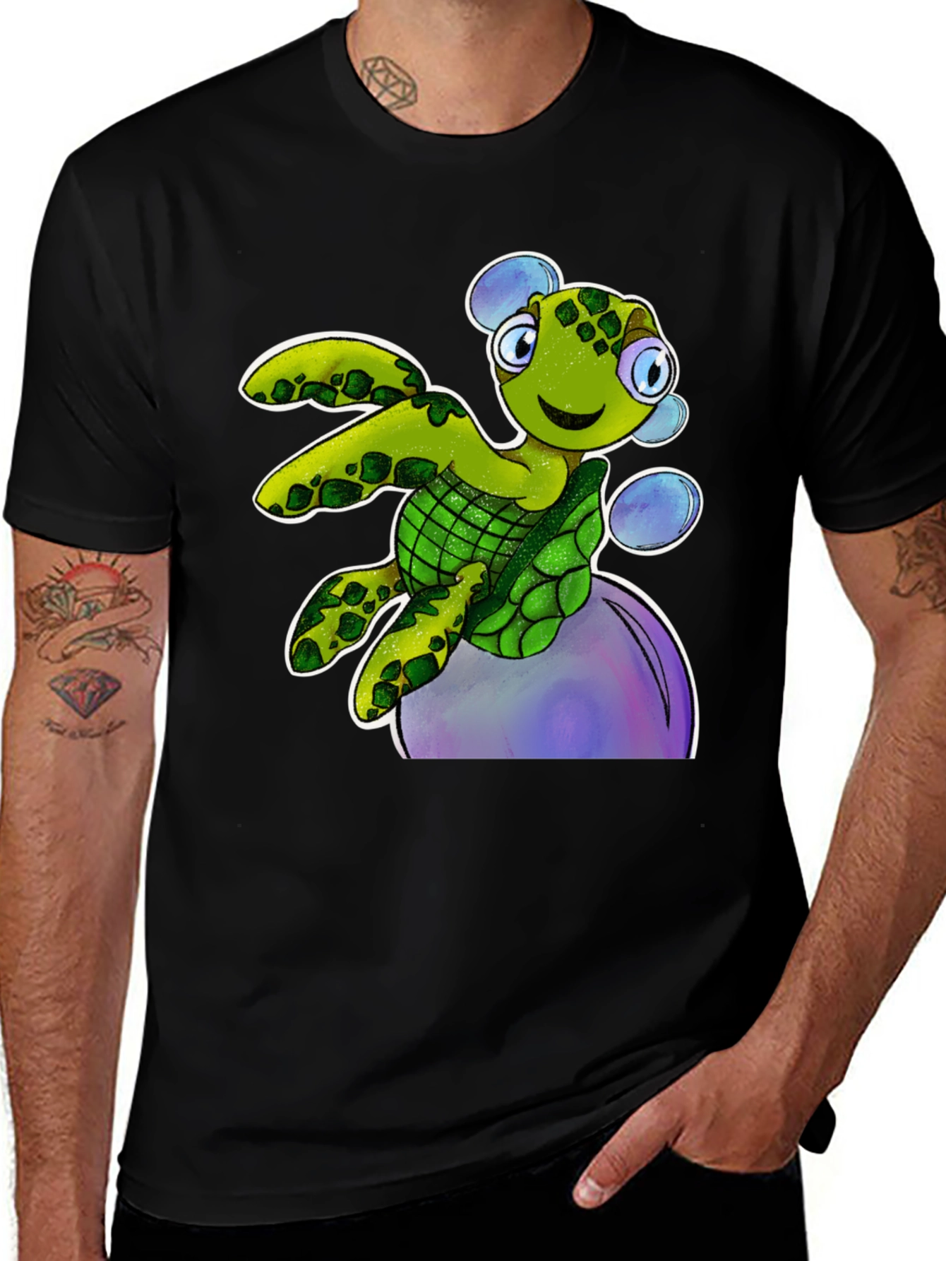 Variant 18 of Cartoon Turtle T-Shirt - Black Cotton Tee