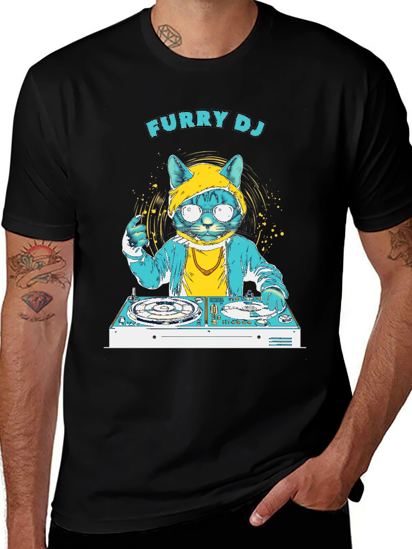 Furry DJ Cat T-Shirt - Cool Graphic Tee