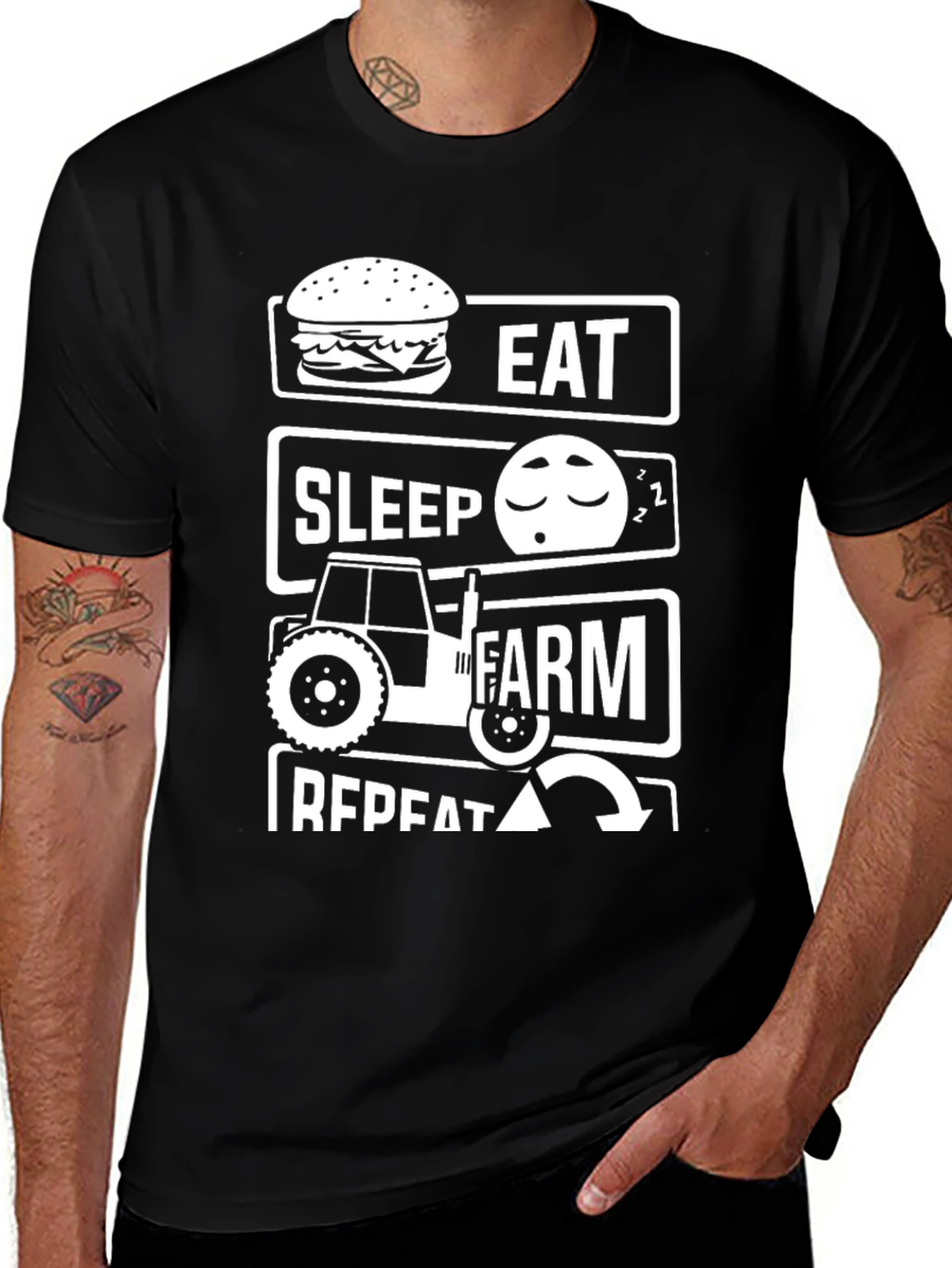 Variant 22 of Eat Sleep Farm Repeat Graphic Tee - Black Cotton Blend
