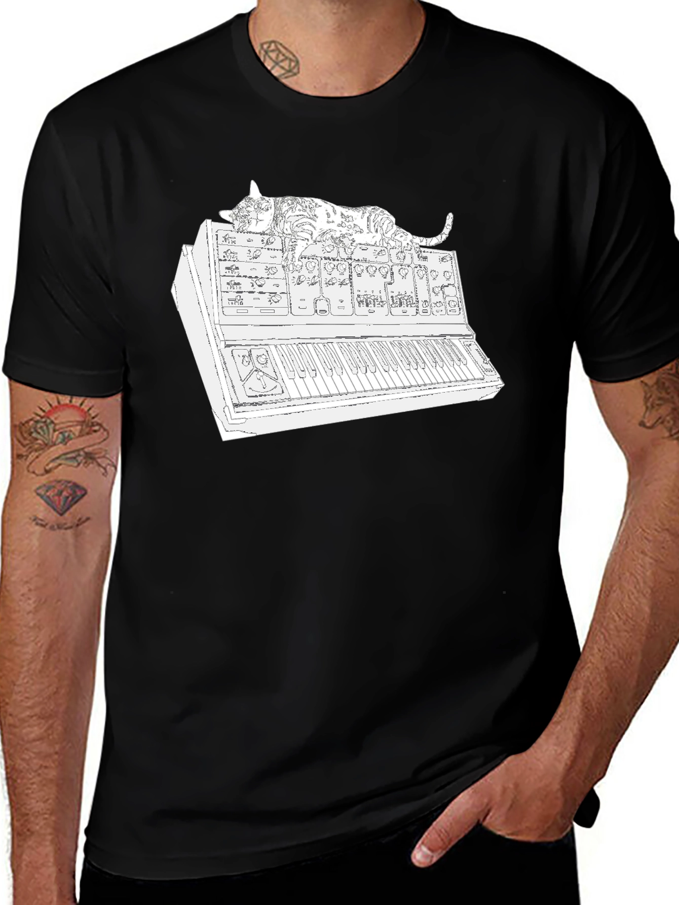 Variant 8 of Cat on Keyboard T-Shirt - Cool Synth Design
