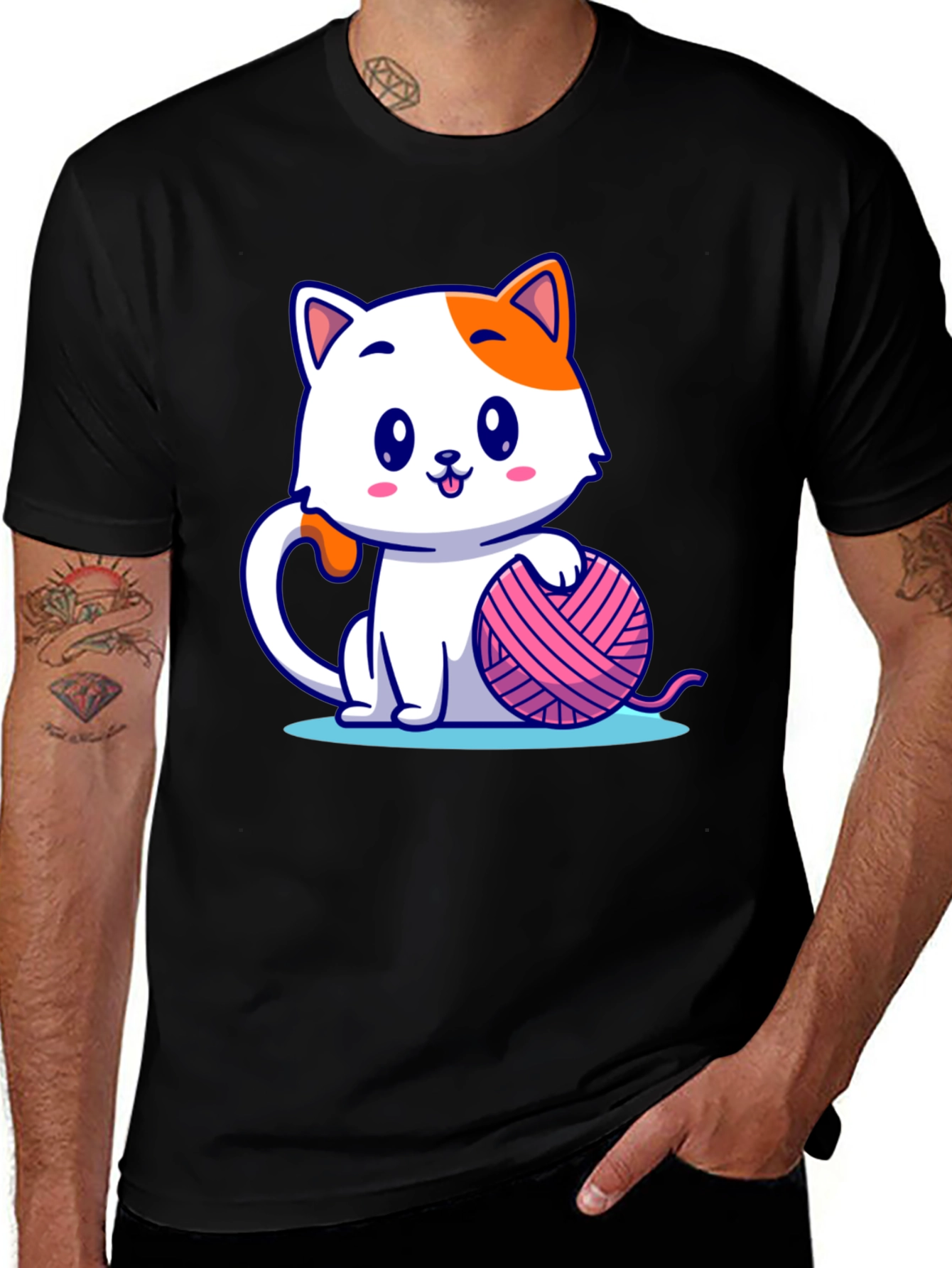 Variant 2 of Cute Cartoon Cat with Yarn Ball Graphic Tee