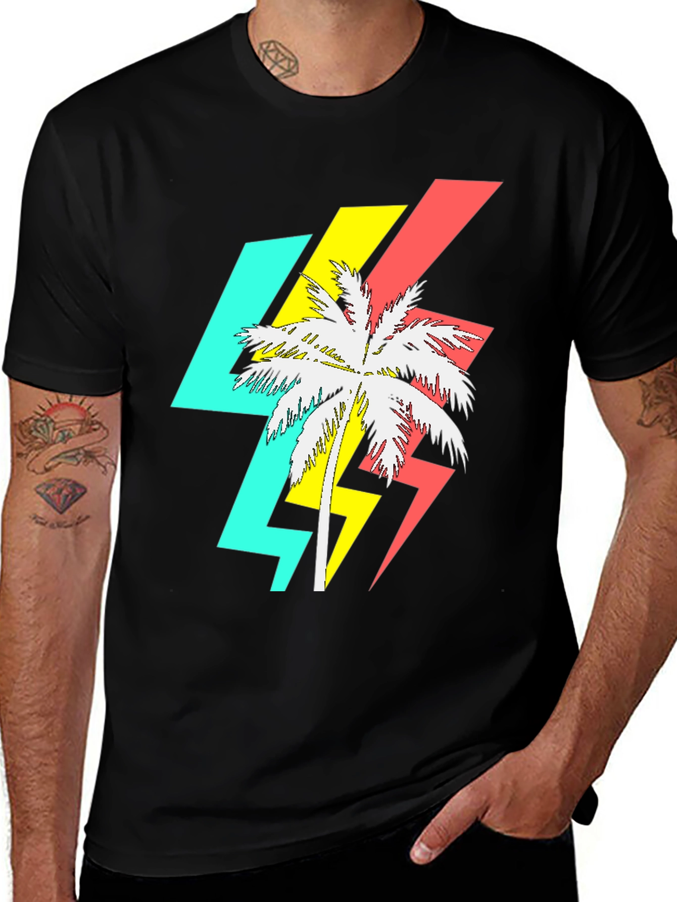 Variant 10 of Retro Palm Tree Graphic Tee - Lightning Bolt Design