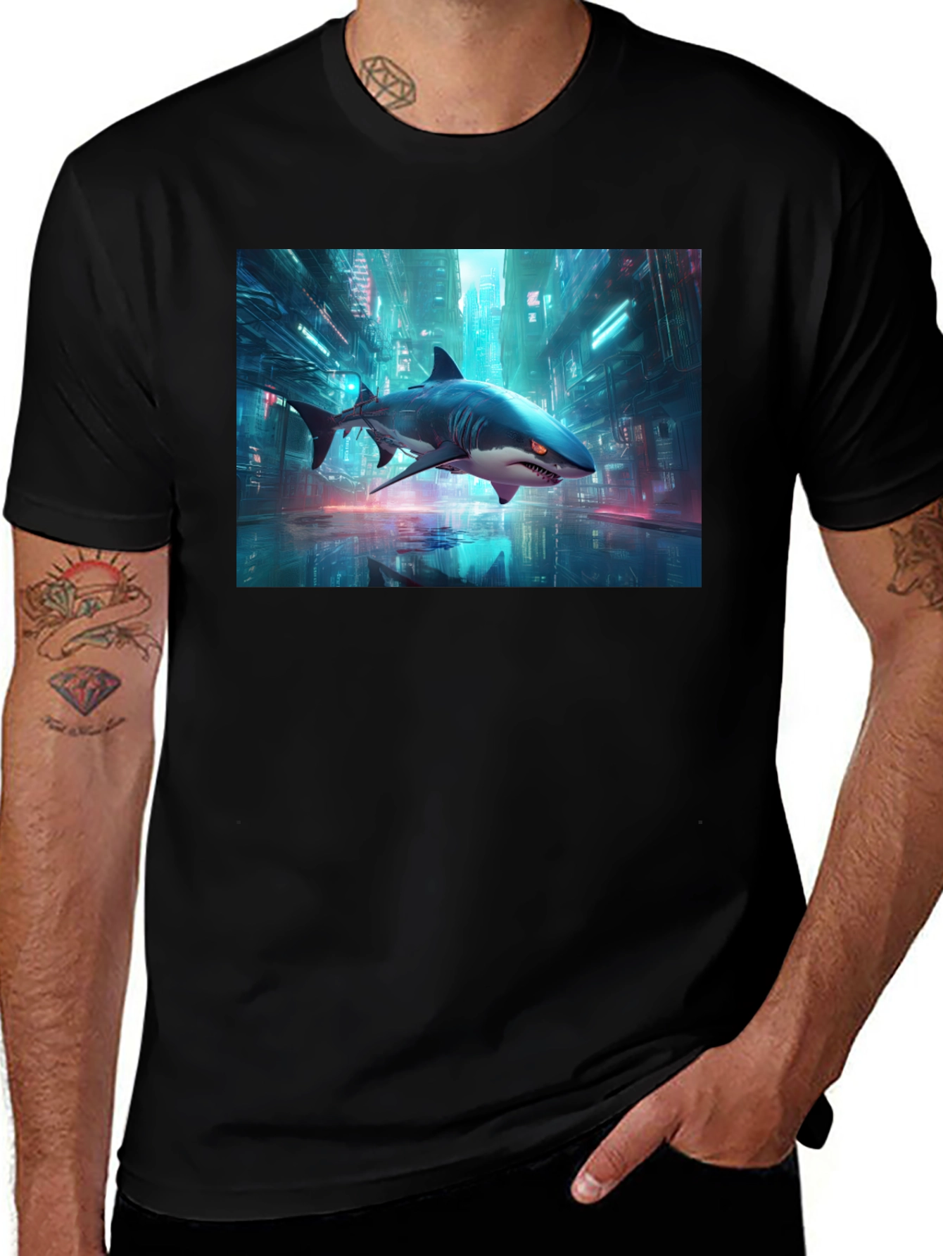 Variant 16 of Cyberpunk Shark Black T-Shirt