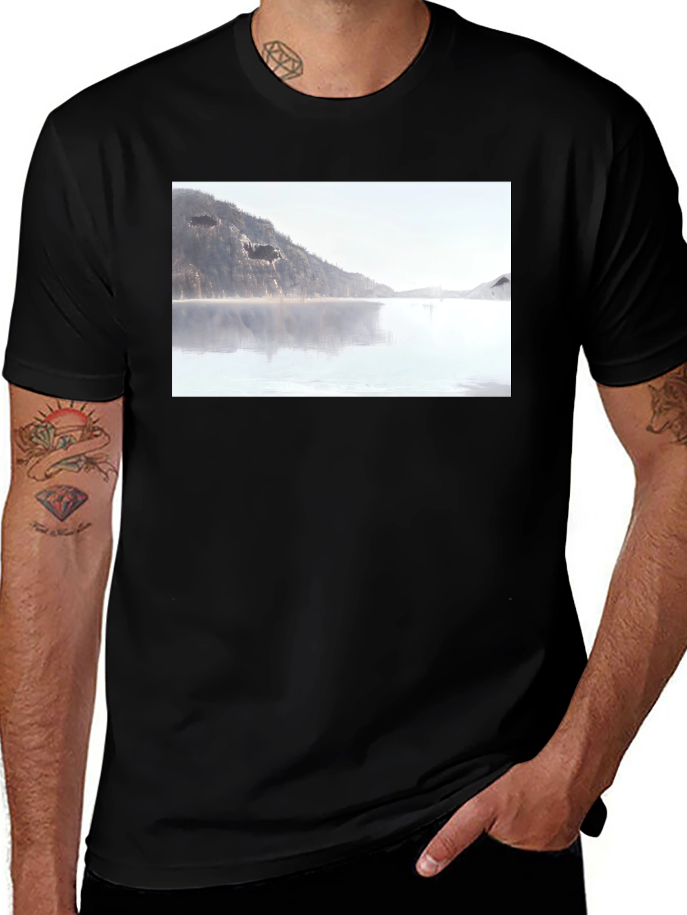 Helicopter Lake Scene Black T-Shirt