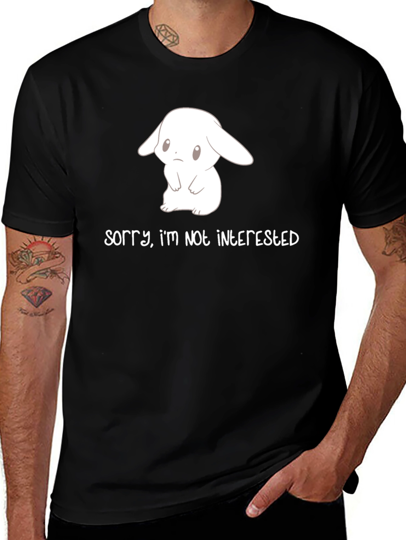 Variant 21 of Cute Bunny 'Sorry I'm Not Interested' Black T-Shirt
