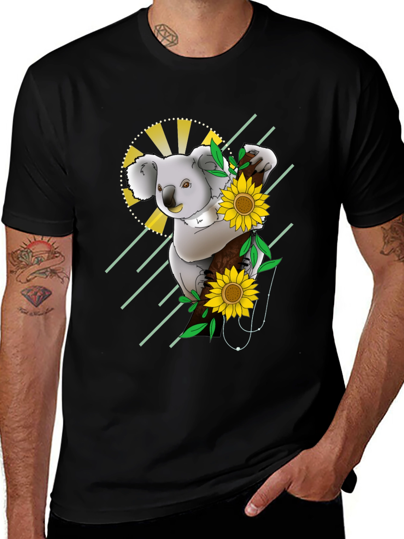 Variant 28 of Koala & Sunflower Graphic Black T-Shirt