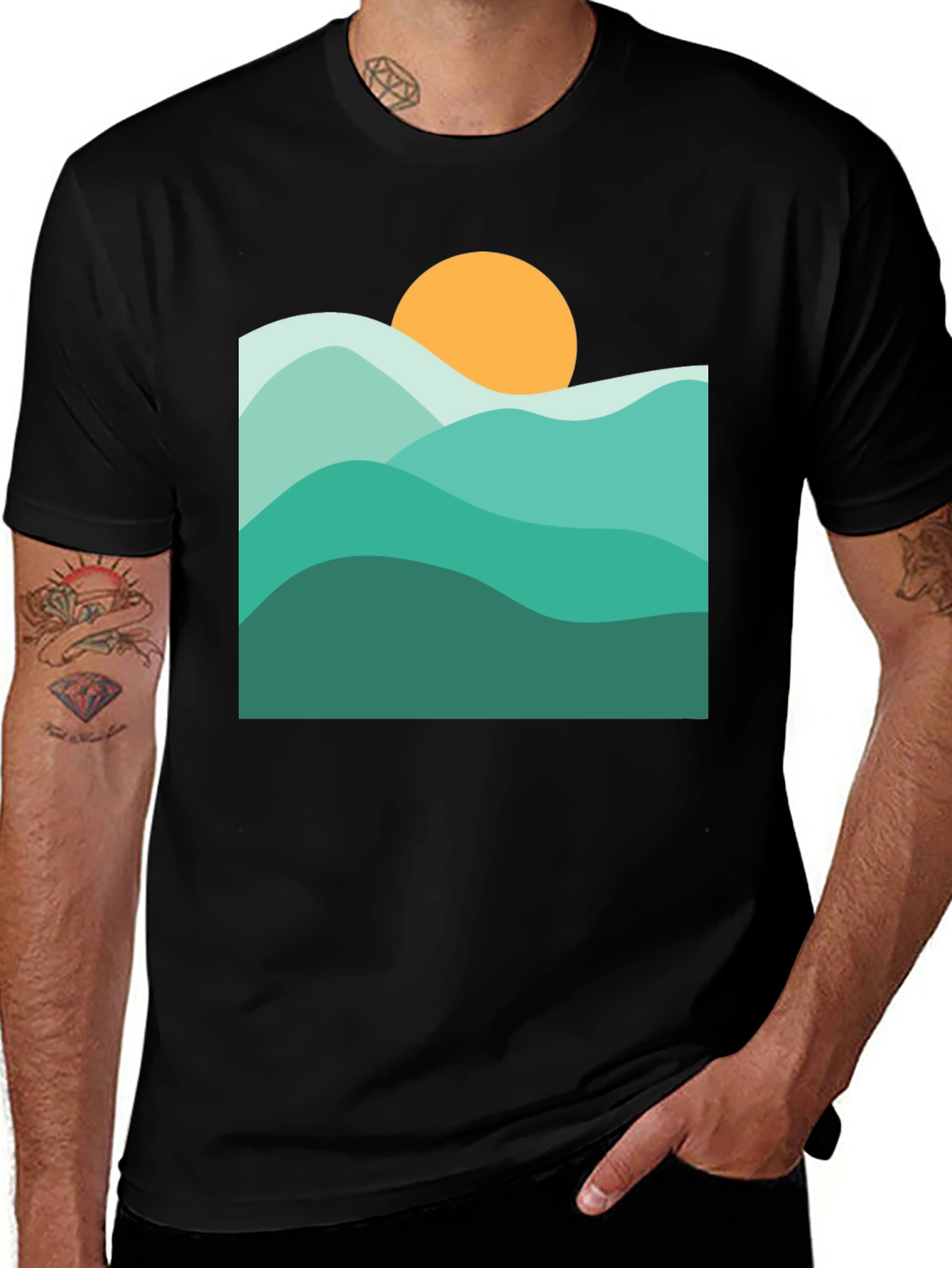 Variant 18 of Abstract Mountain & Sun Graphic Black T-Shirt