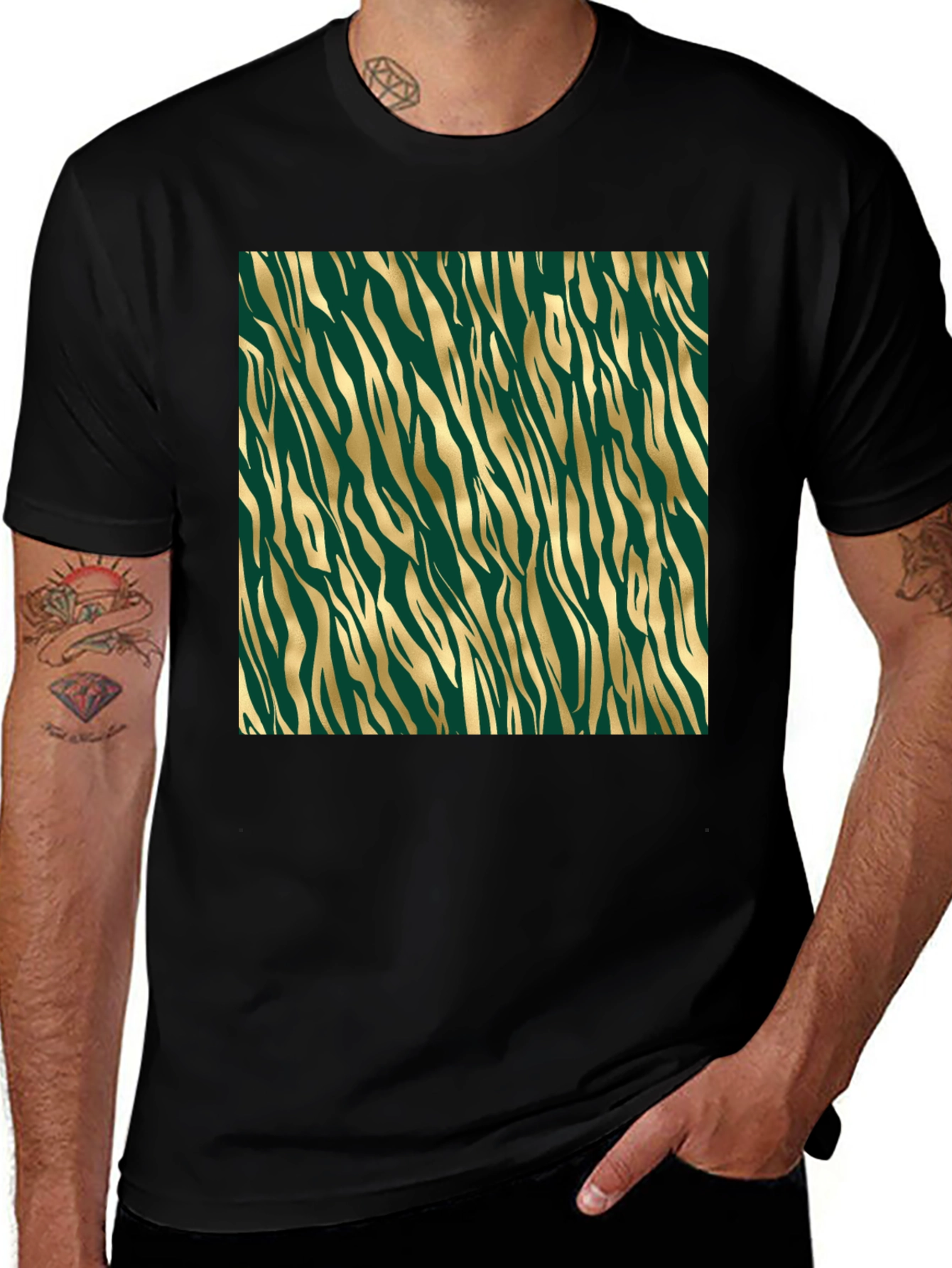 Variant 25 of Striking Black Tee with Green and Gold Tiger Stripe Design