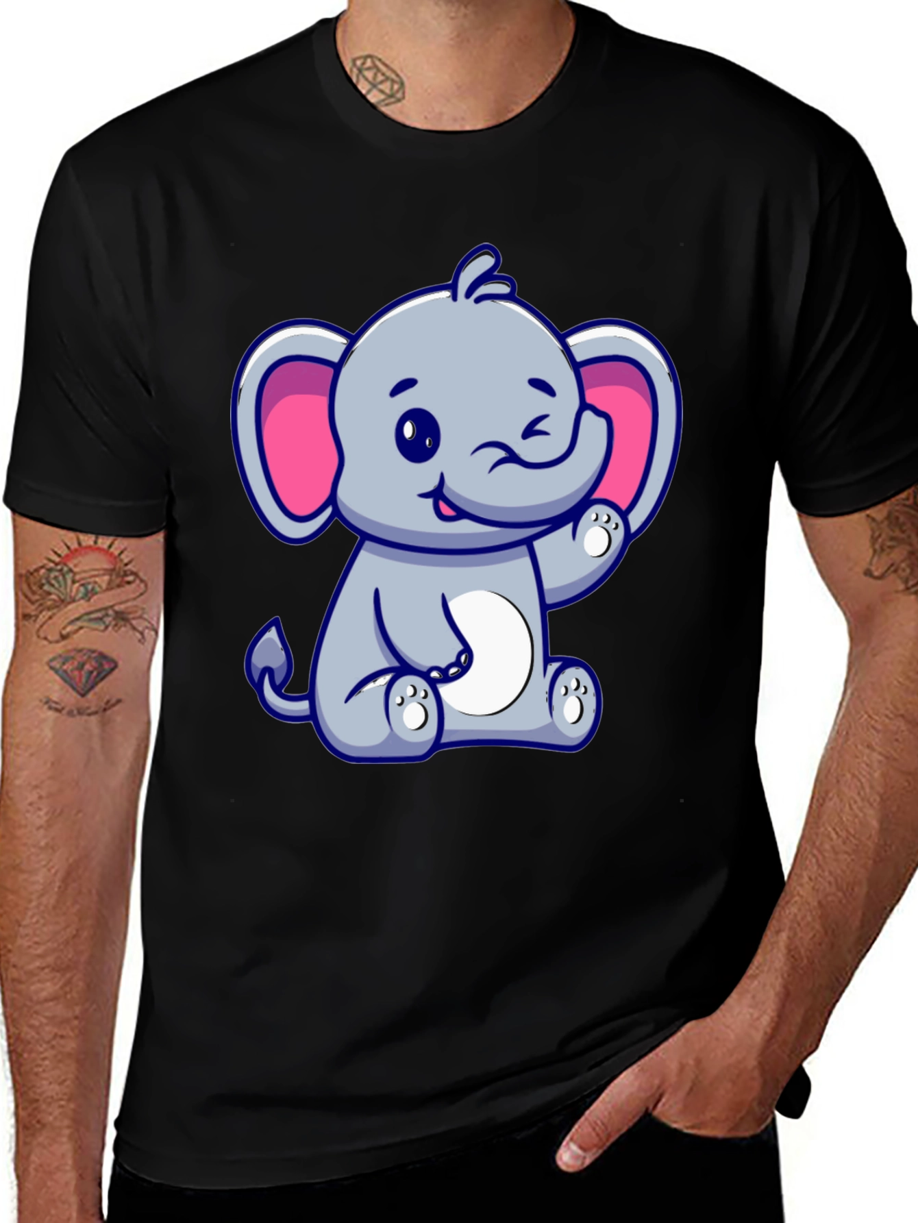 Variant 2 of Cute Cartoon Elephant Graphic Tee - Black Cotton Shirt