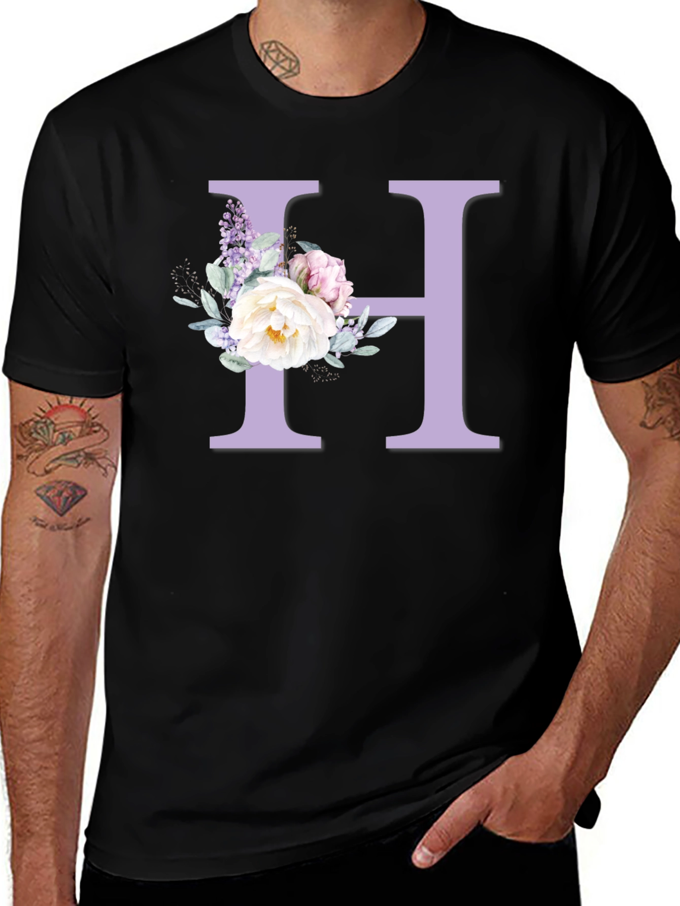 Floral Letter H Black T-shirt