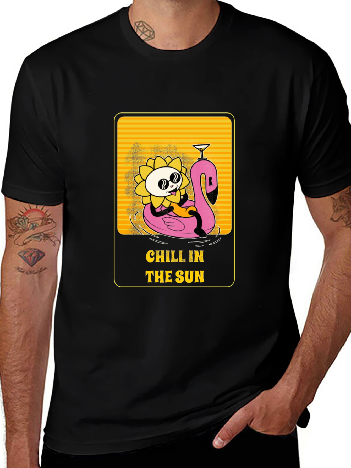 Variant 2 of Chill in the Sun T-Shirt - Cartoon Flower & Flamingo