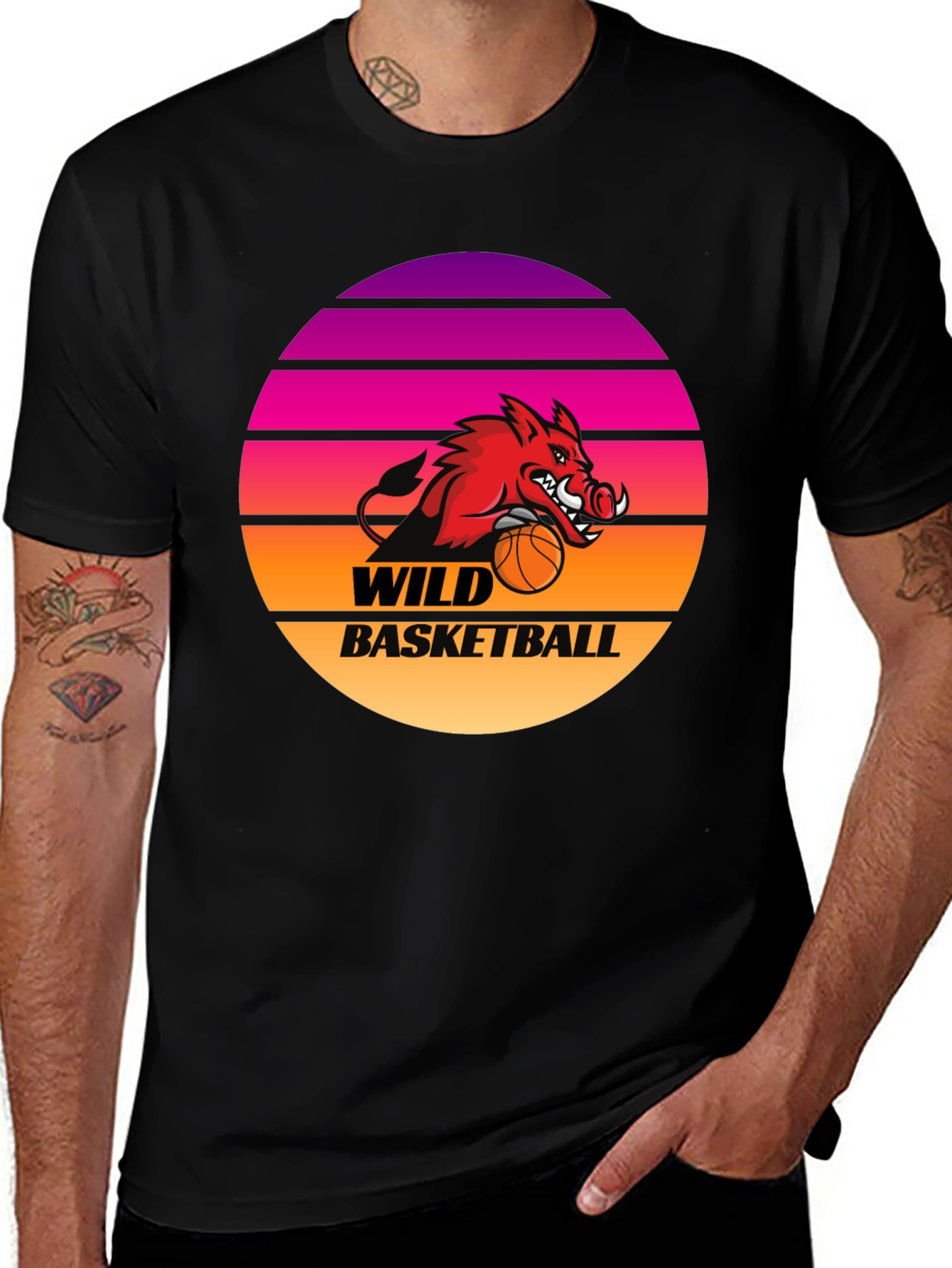 Wild Basketball Graphic Tee - Retro Sunset Hog