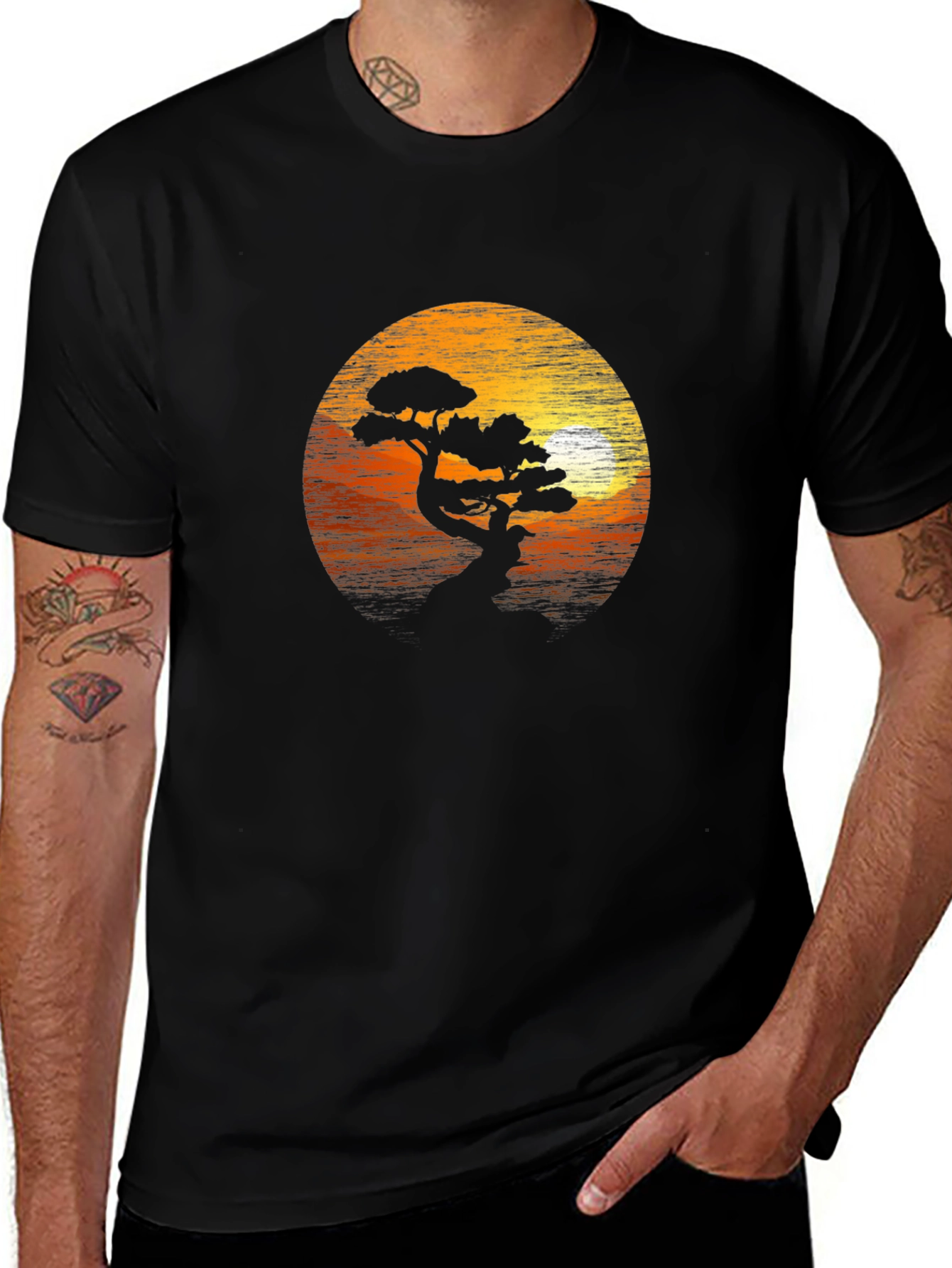 Variant 3 of Sunset Bonsai Tree Graphic Tee - Black