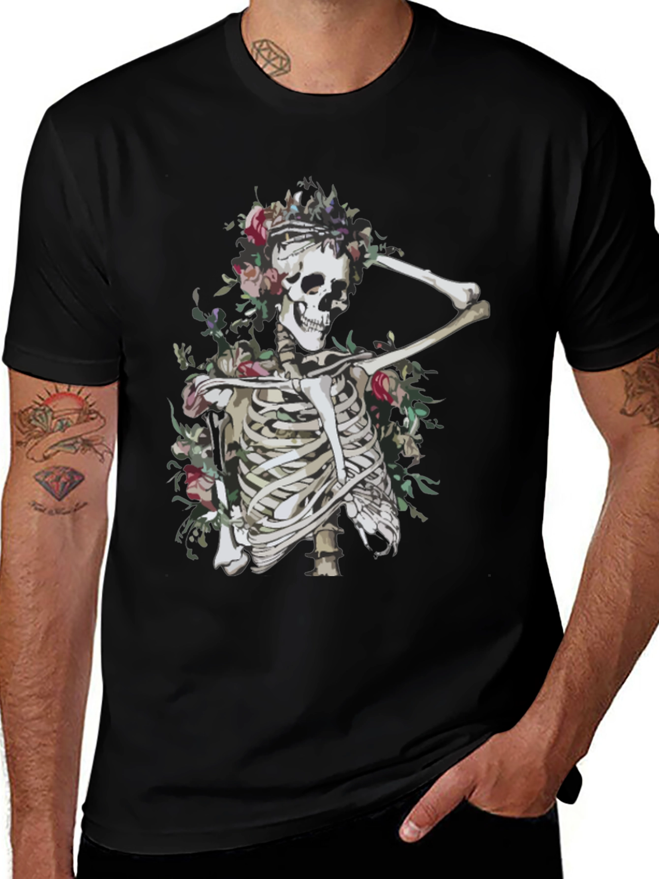 Variant 19 of Floral Skeleton Graphic Tee - Unisex Black T-Shirt