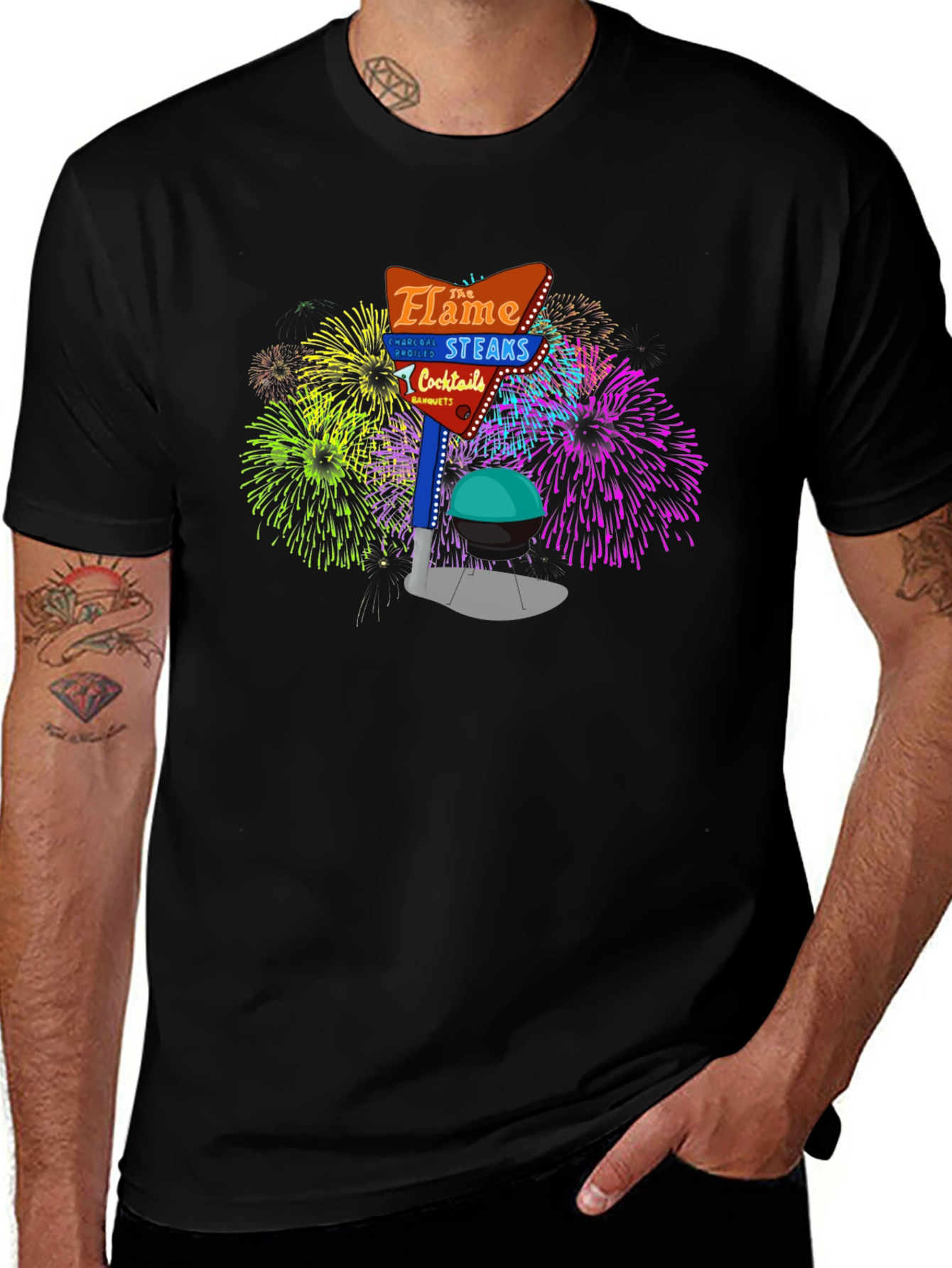 Flame Steaks Cocktail Fireworks Graphic Tee