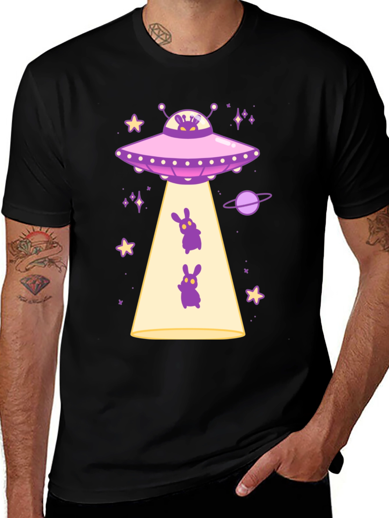 Variant 17 of UFO Alien Bunny Graphic T-Shirt - Black Cotton Tee