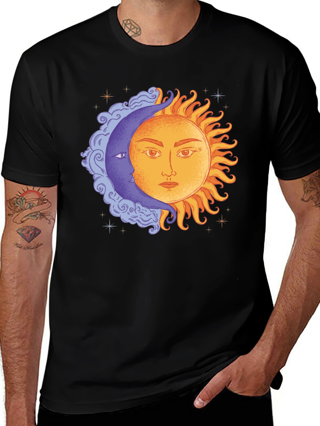 Celestial Sun & Moon Graphic Tee - Black Cotton T-Shirt