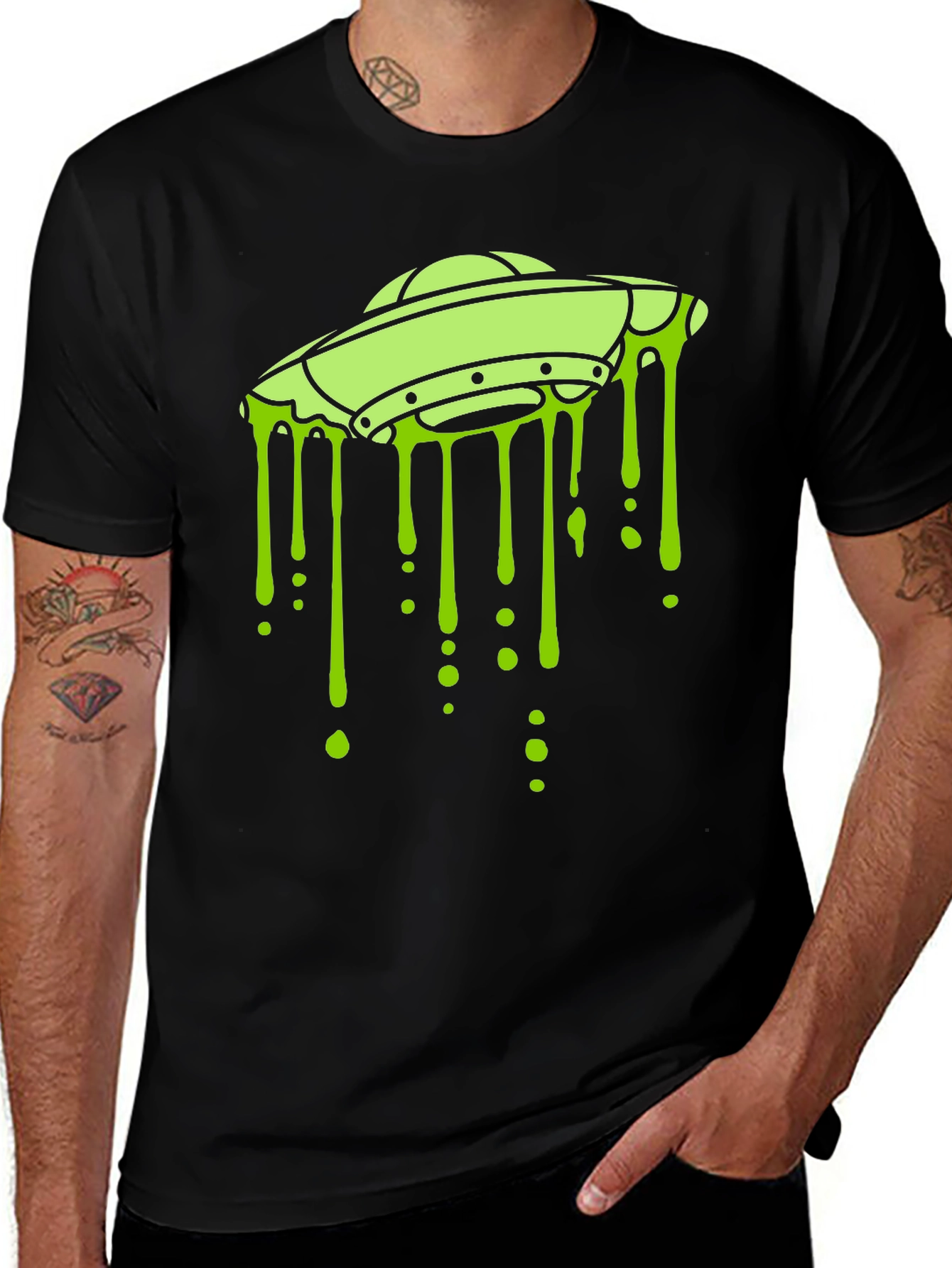 UFO Drip Graphic Tee - Black Cotton Alien T-Shirt
