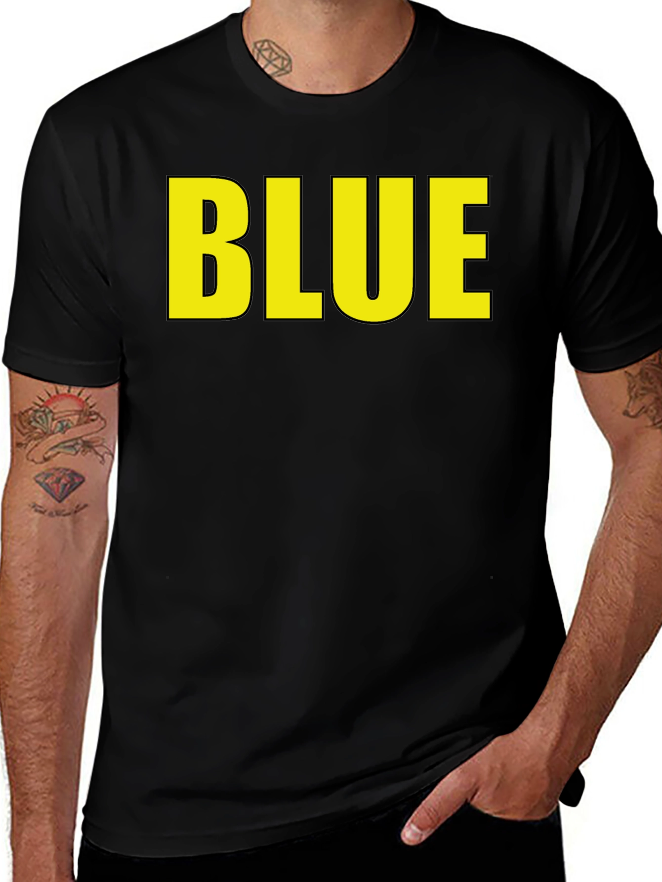 Variant 17 of Black T-Shirt with Yellow "BLUE" Text