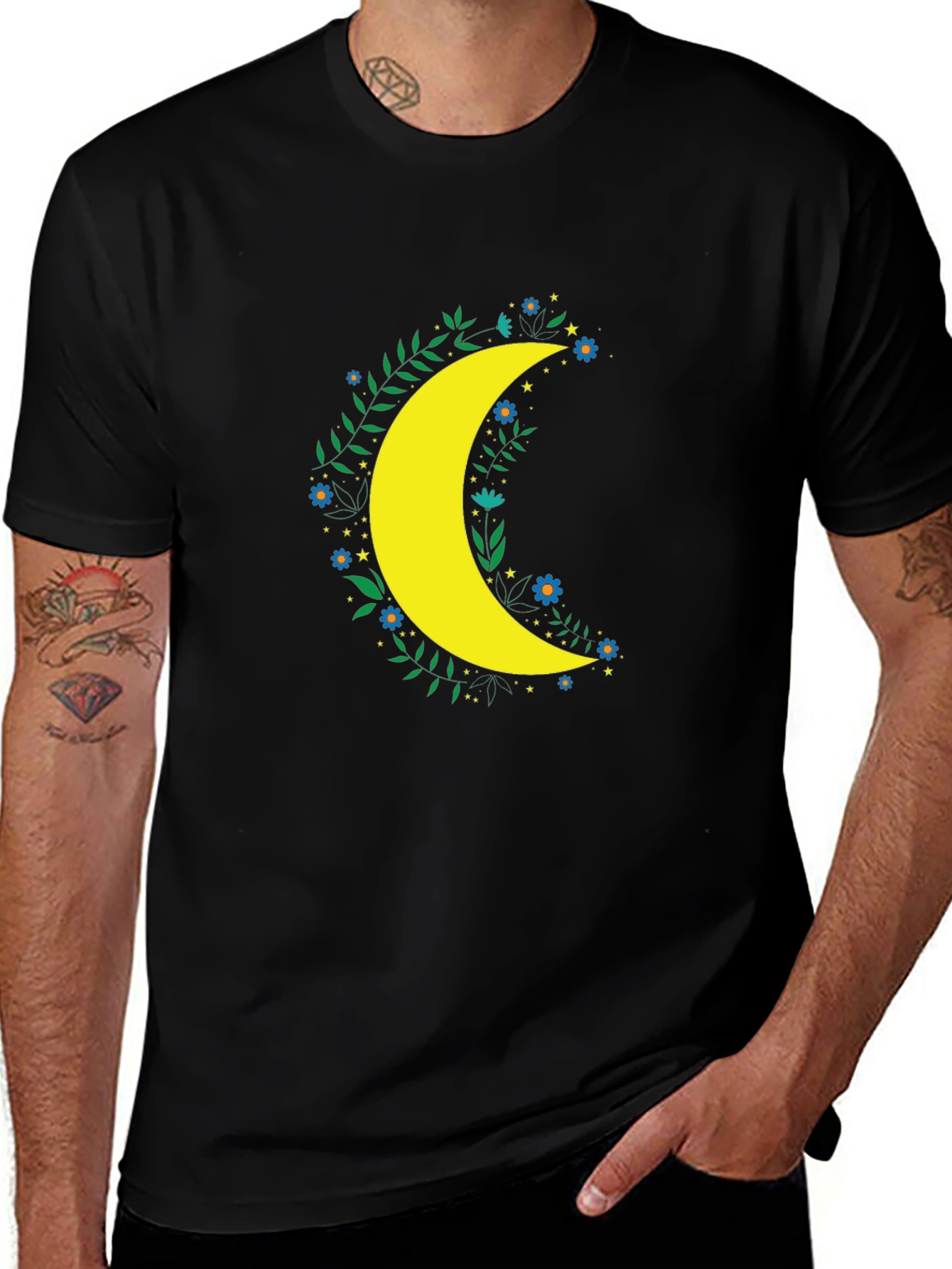 Variant 28 of Floral Crescent Moon Graphic Tee - Black