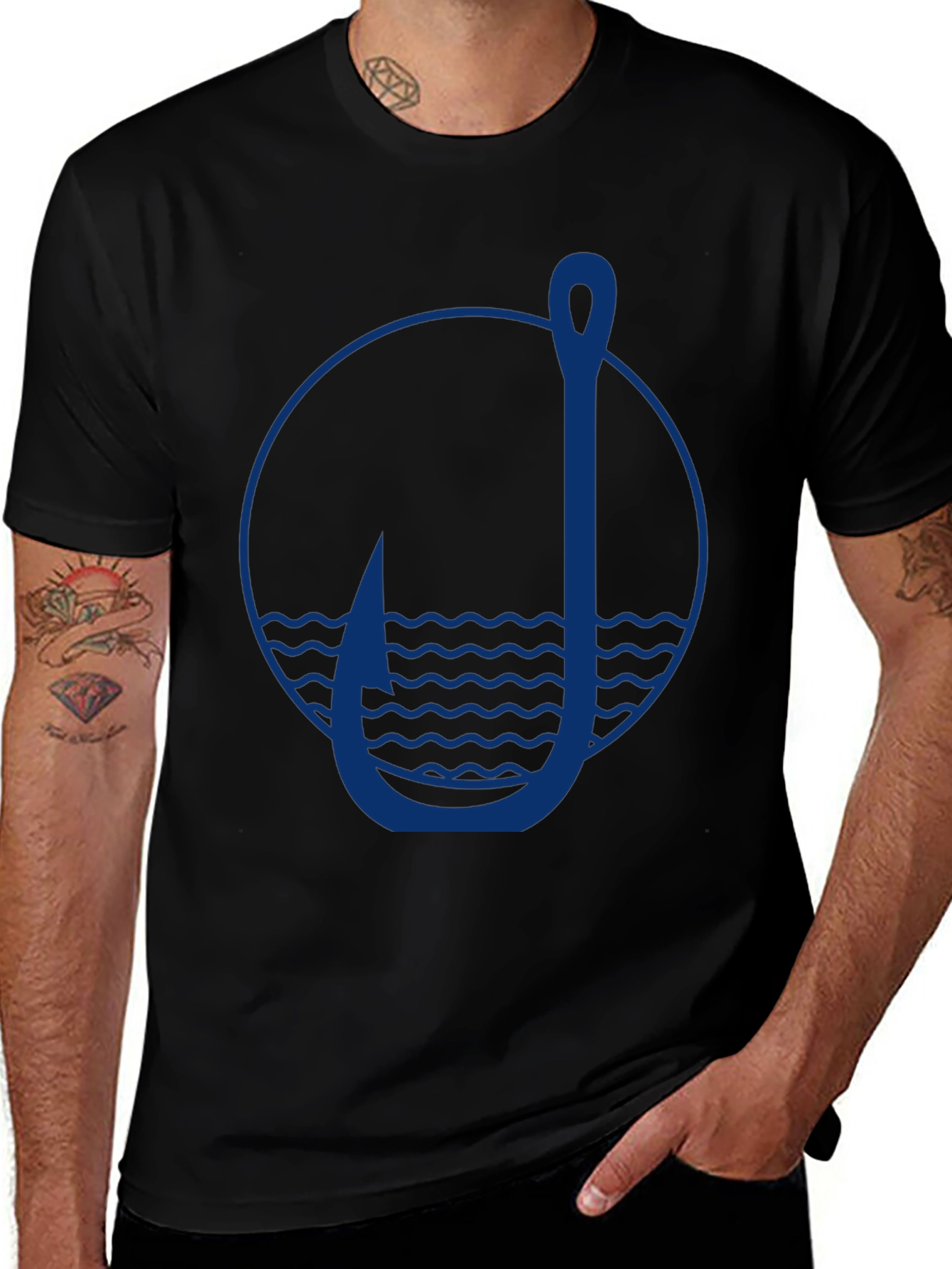 Variant 29 of Fishing Hook Graphic Tee - Navy Blue Design on Black