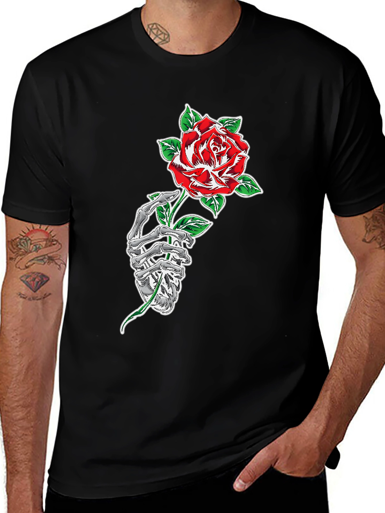 Variant 7 of Rose & Skeleton Hand Graphic Tee - Black