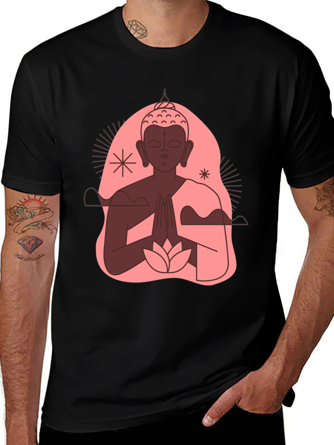 Buddha Graphic Black T-Shirt - Peaceful Lotus Design