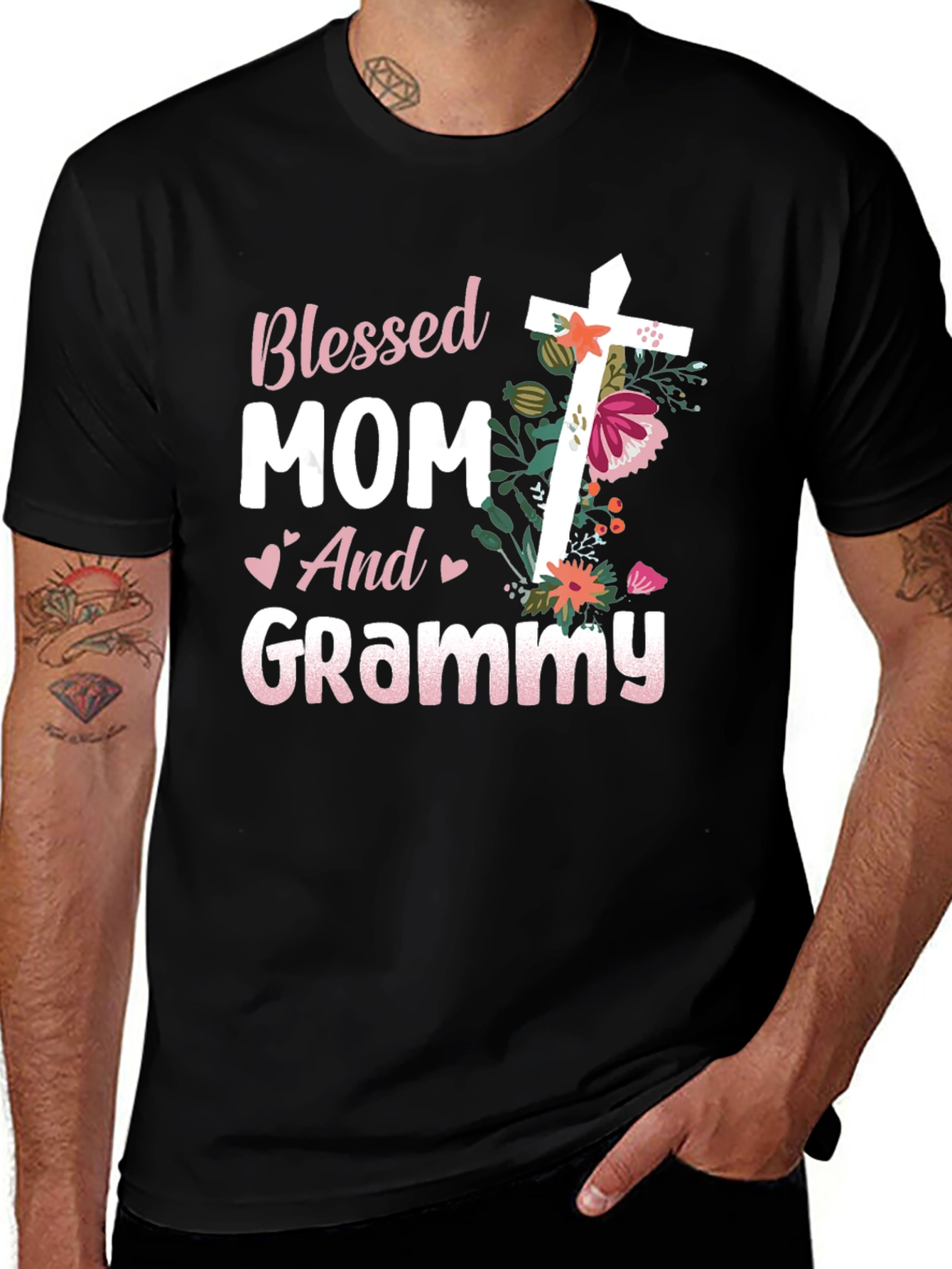 Blessed Mom & Grammy Floral Cross T-Shirt