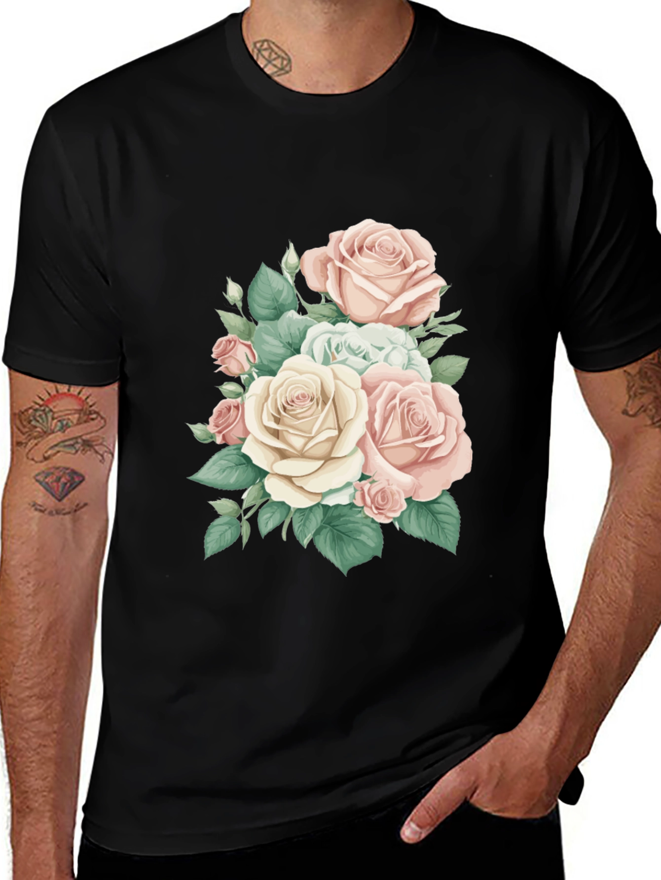 Variant 15 of Elegant Floral Rose Print Black T-Shirt