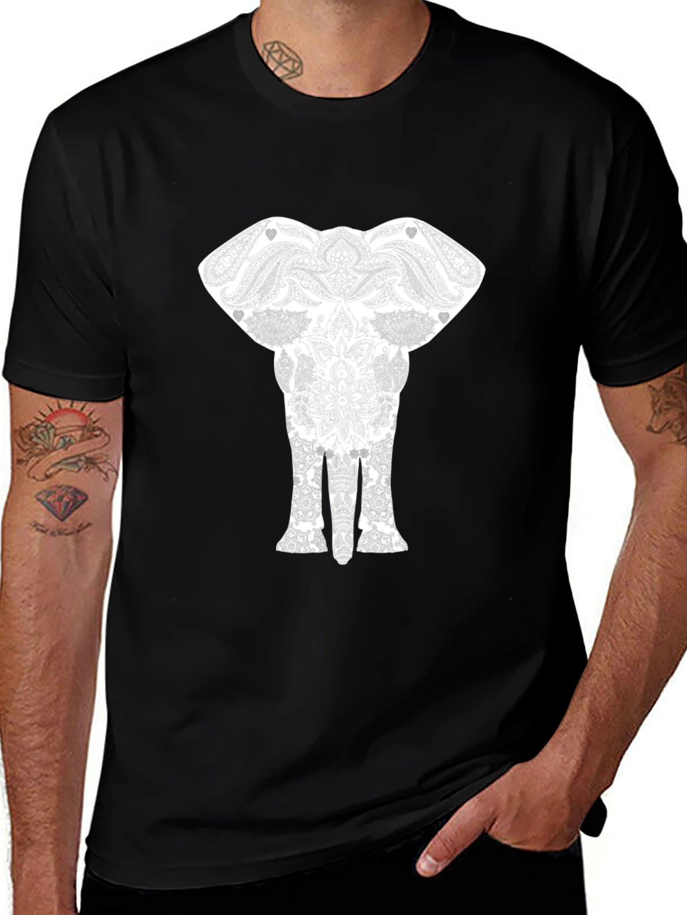 Variant 27 of Elephant Mandala Graphic Tee - Black Crew Neck T-Shirt