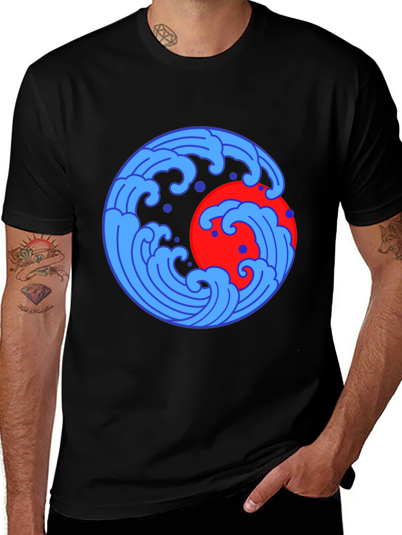 Variant 3 of Ocean Wave and Sun Graphic Tee - Black