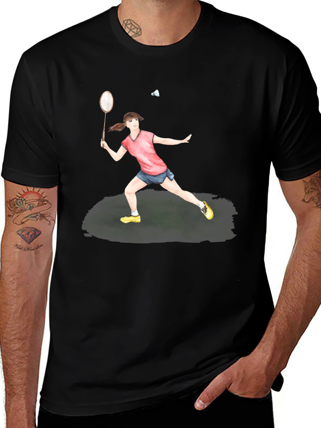Variant 30 of Badminton Player Graphic Tee - Black Cotton