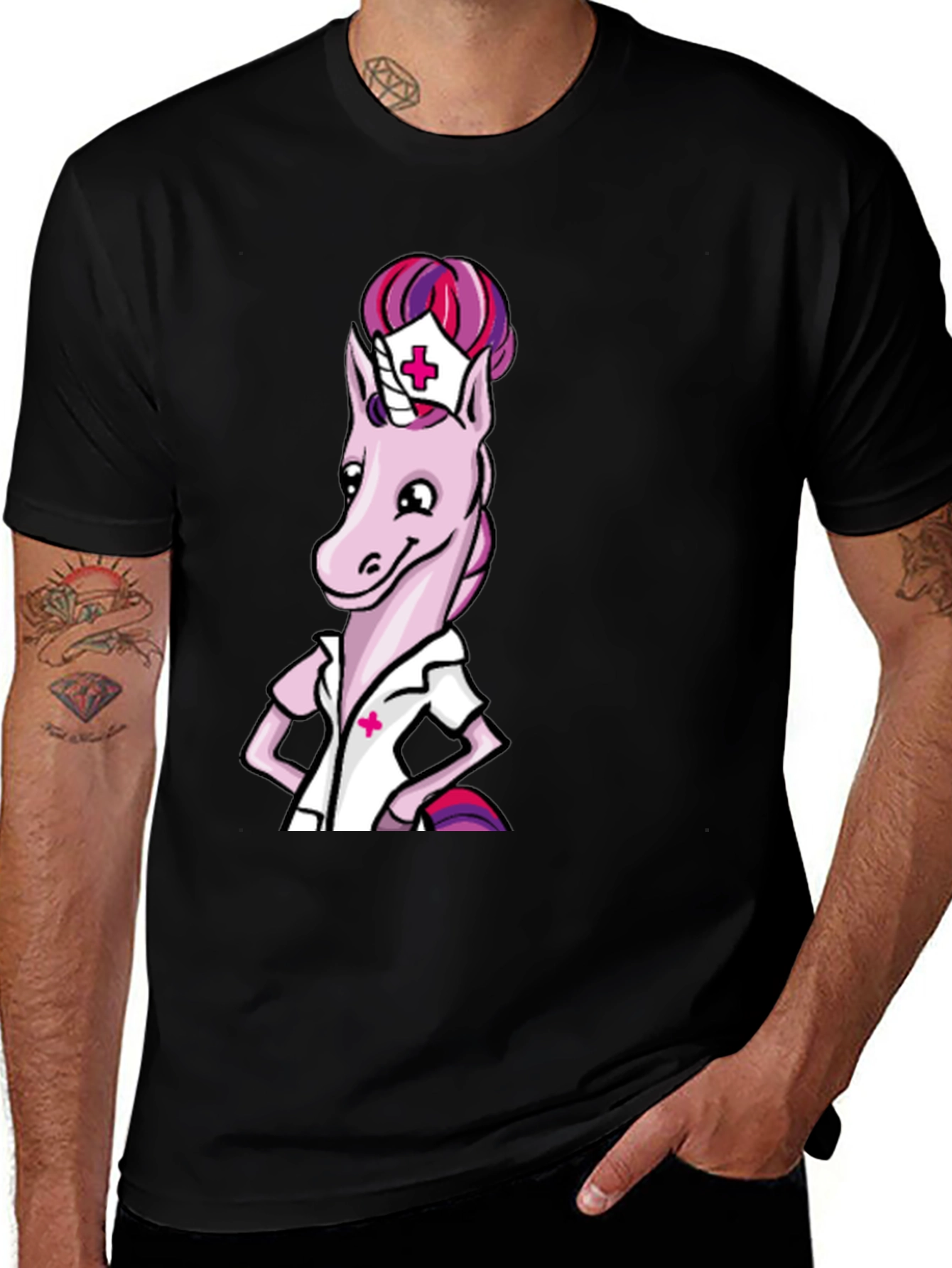 Variant 21 of Unicorn Nurse Graphic T-Shirt - Black Cotton Tee