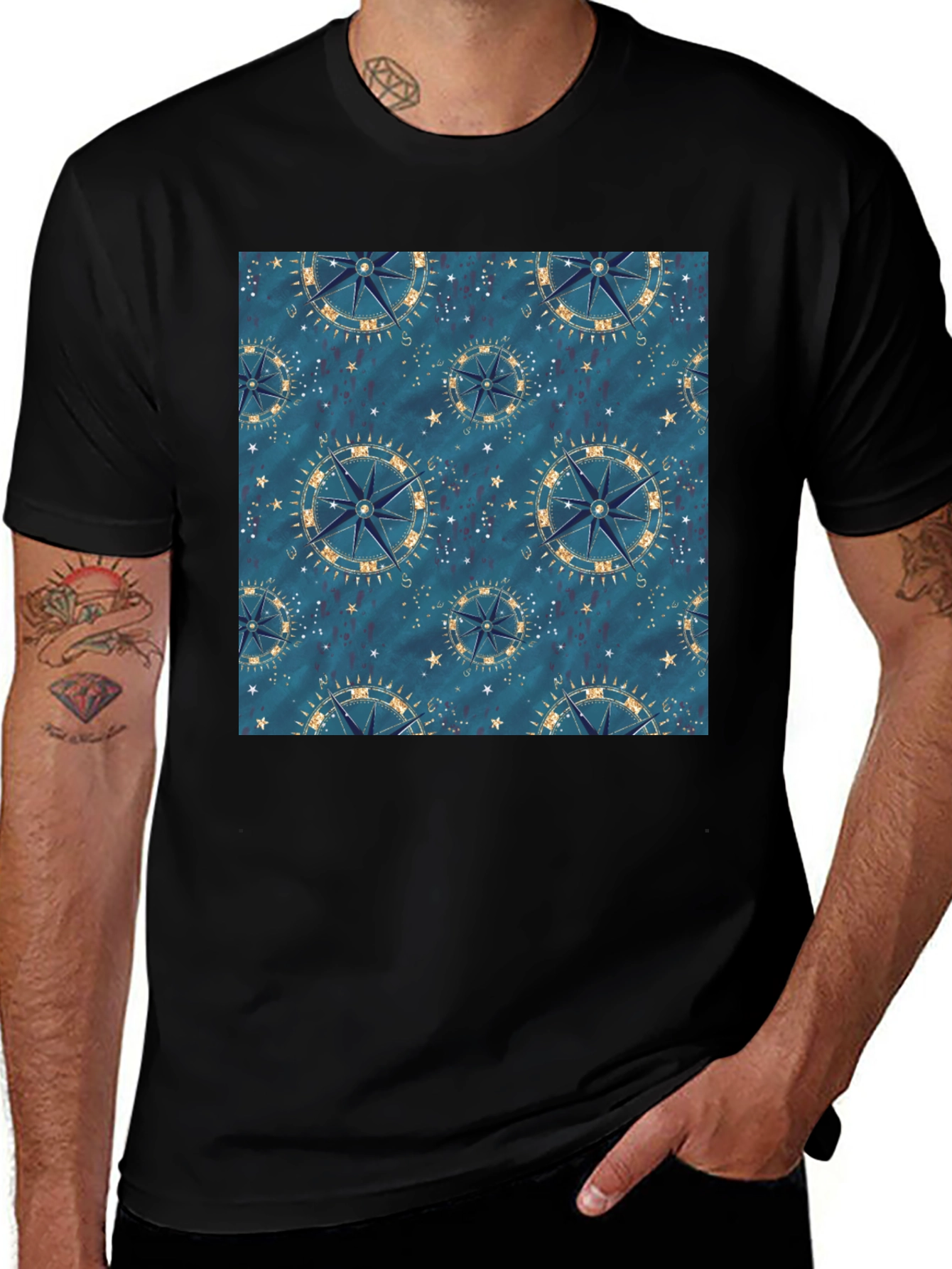Variant 16 of Nautical Compass Pattern Black T-Shirt
