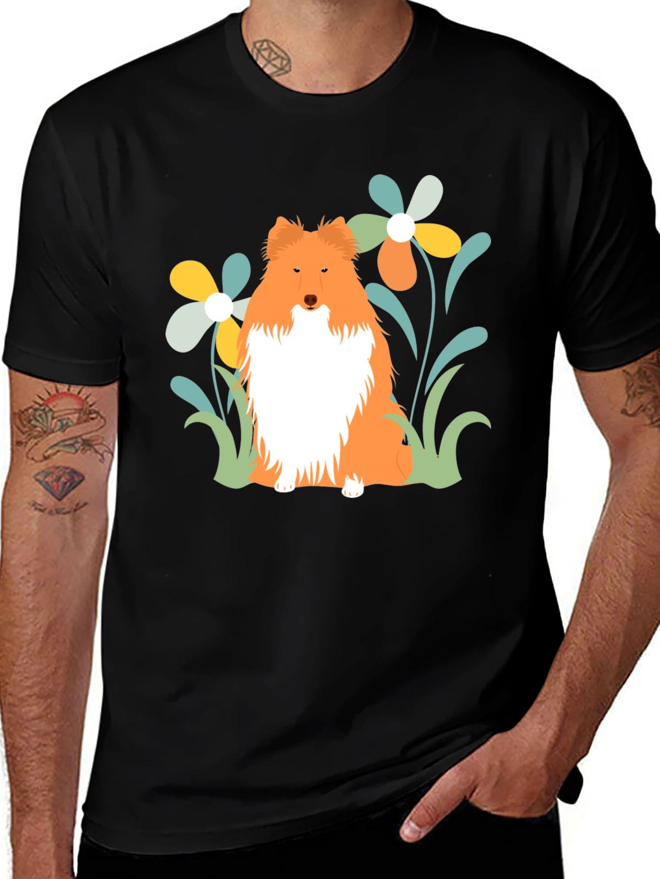 Variant 19 of Sheltie Dog & Flowers T-Shirt - Soft Cotton Tee