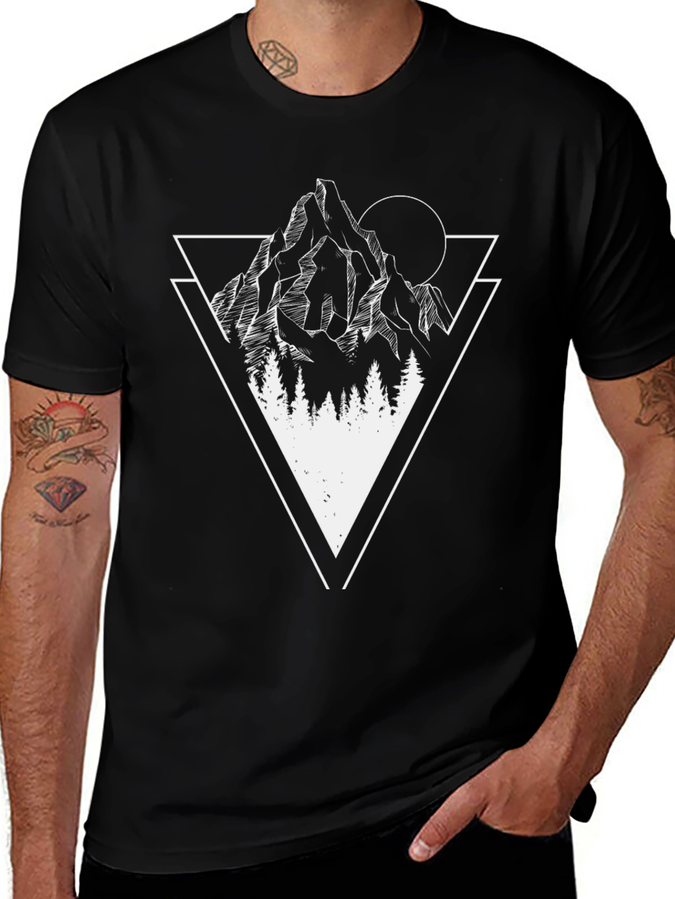 Variant 10 of Geometric Mountain & Trees Graphic Tee - Black