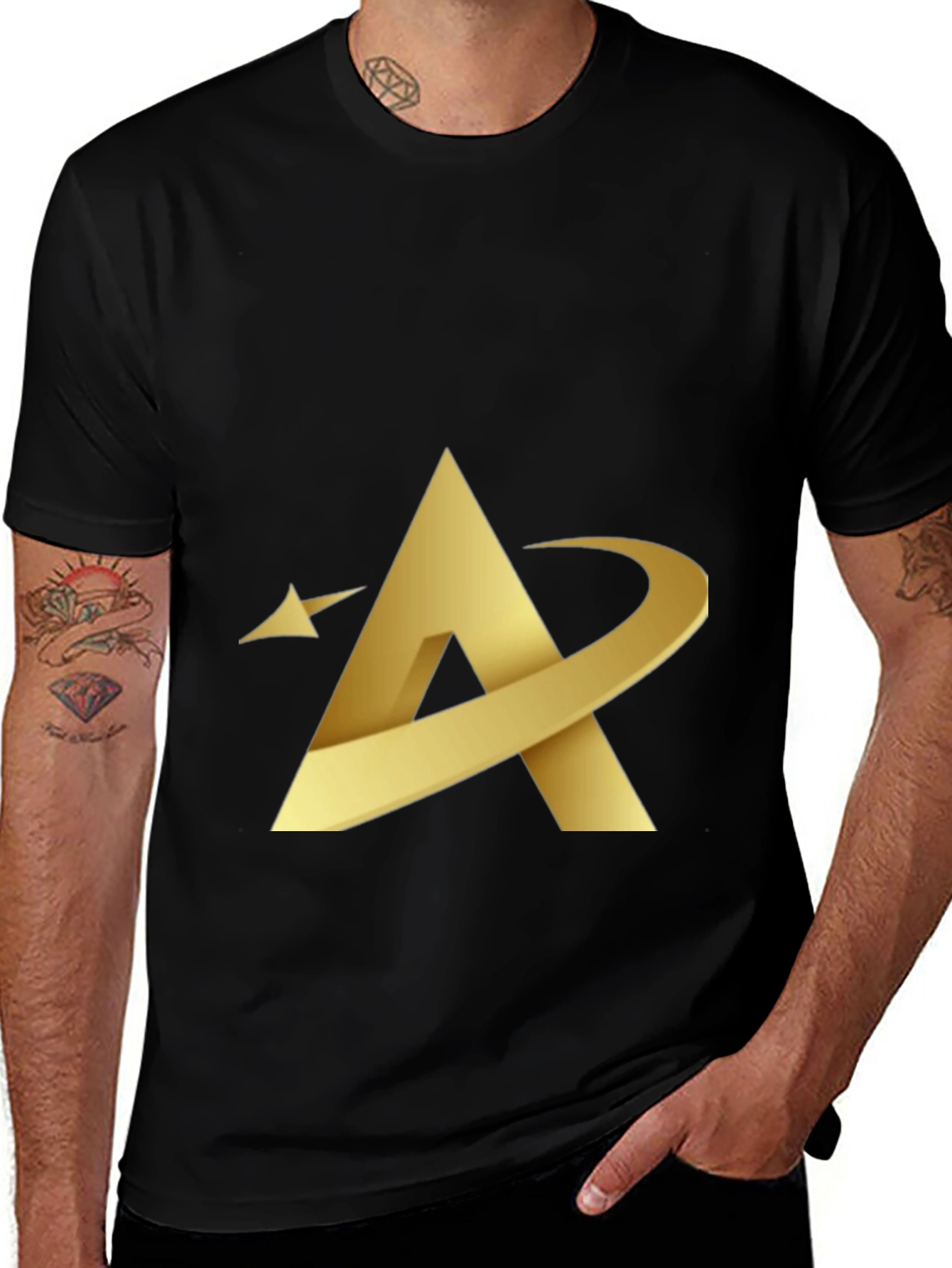 Variant 23 of Modern Black Tee with Gold Letter A Graphic
