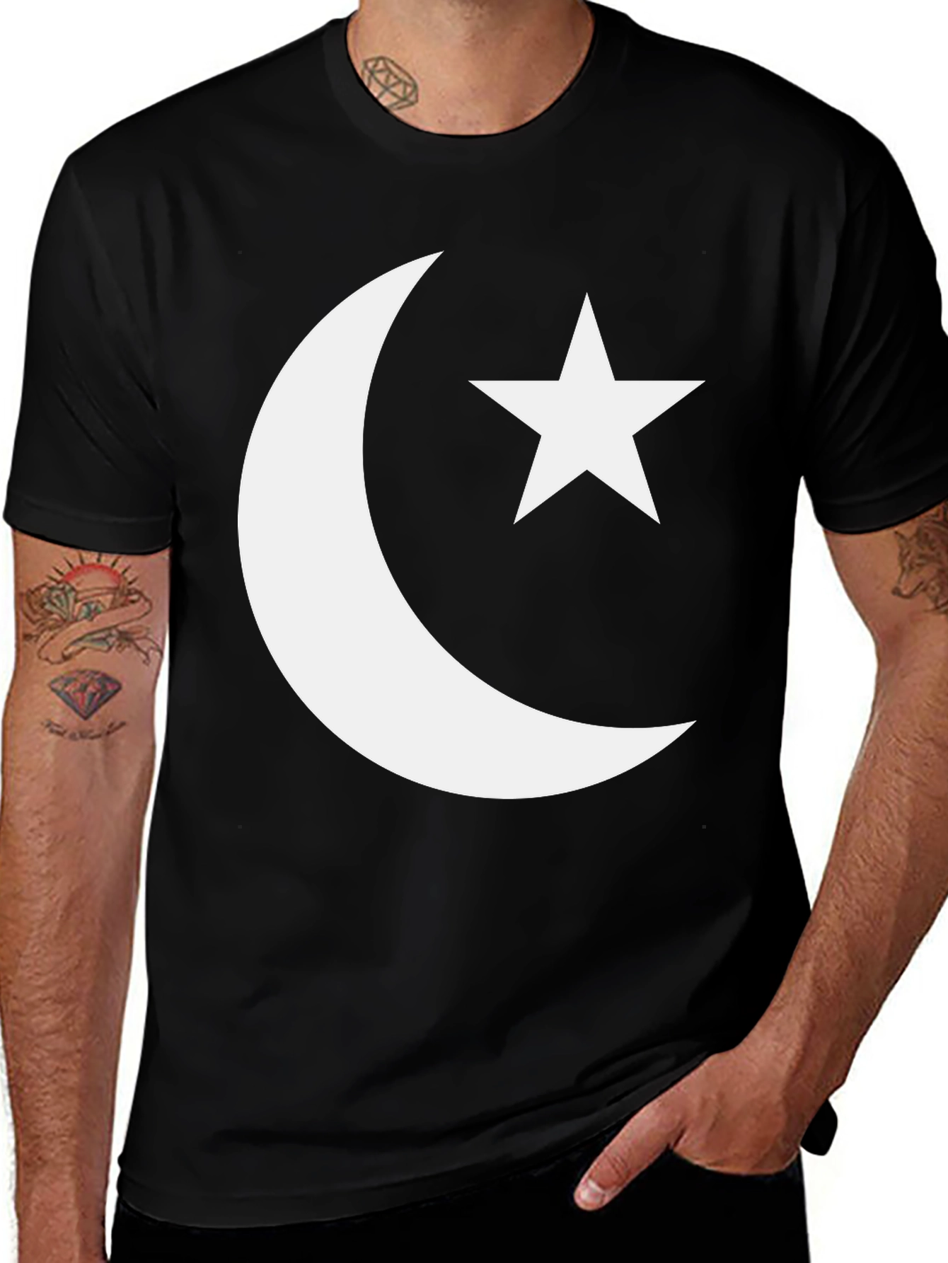 Variant 11 of Crescent Moon & Star Graphic Tee - Black Cotton Blend