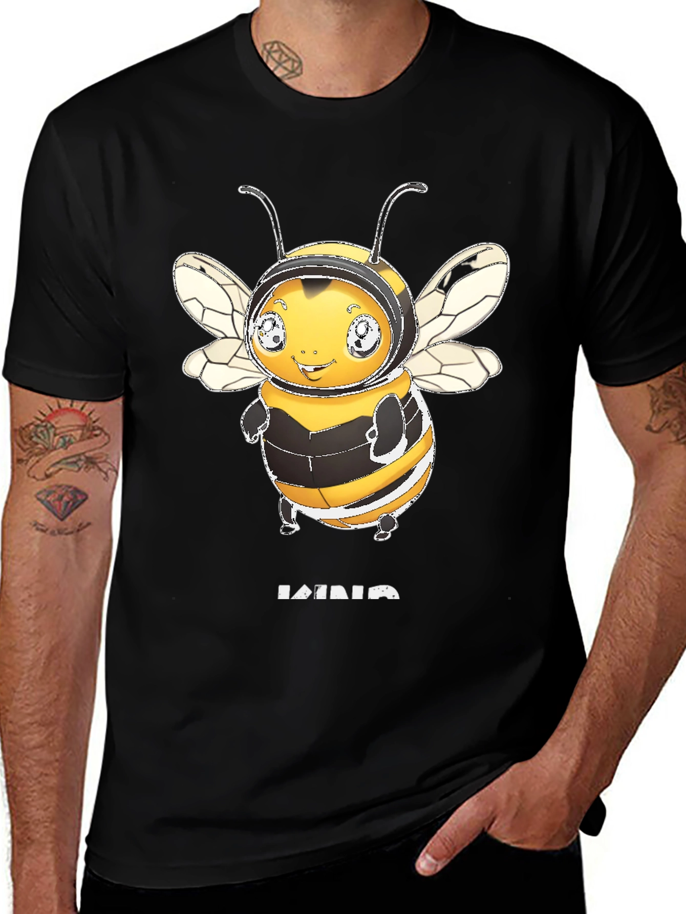 Variant 13 of Cute Bee Graphic T-Shirt - Black Crew Neck