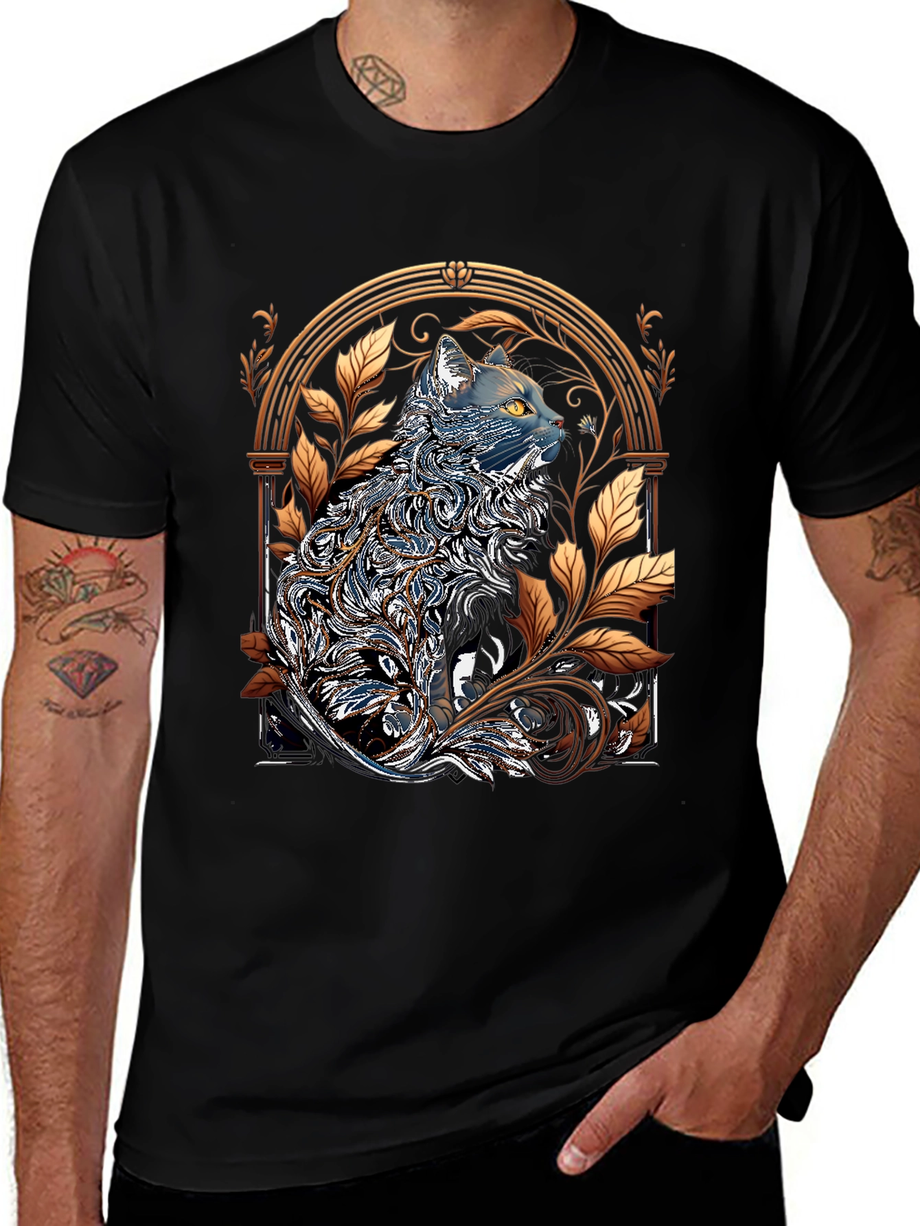 Variant 5 of Ornate Cat Design Black T-Shirt