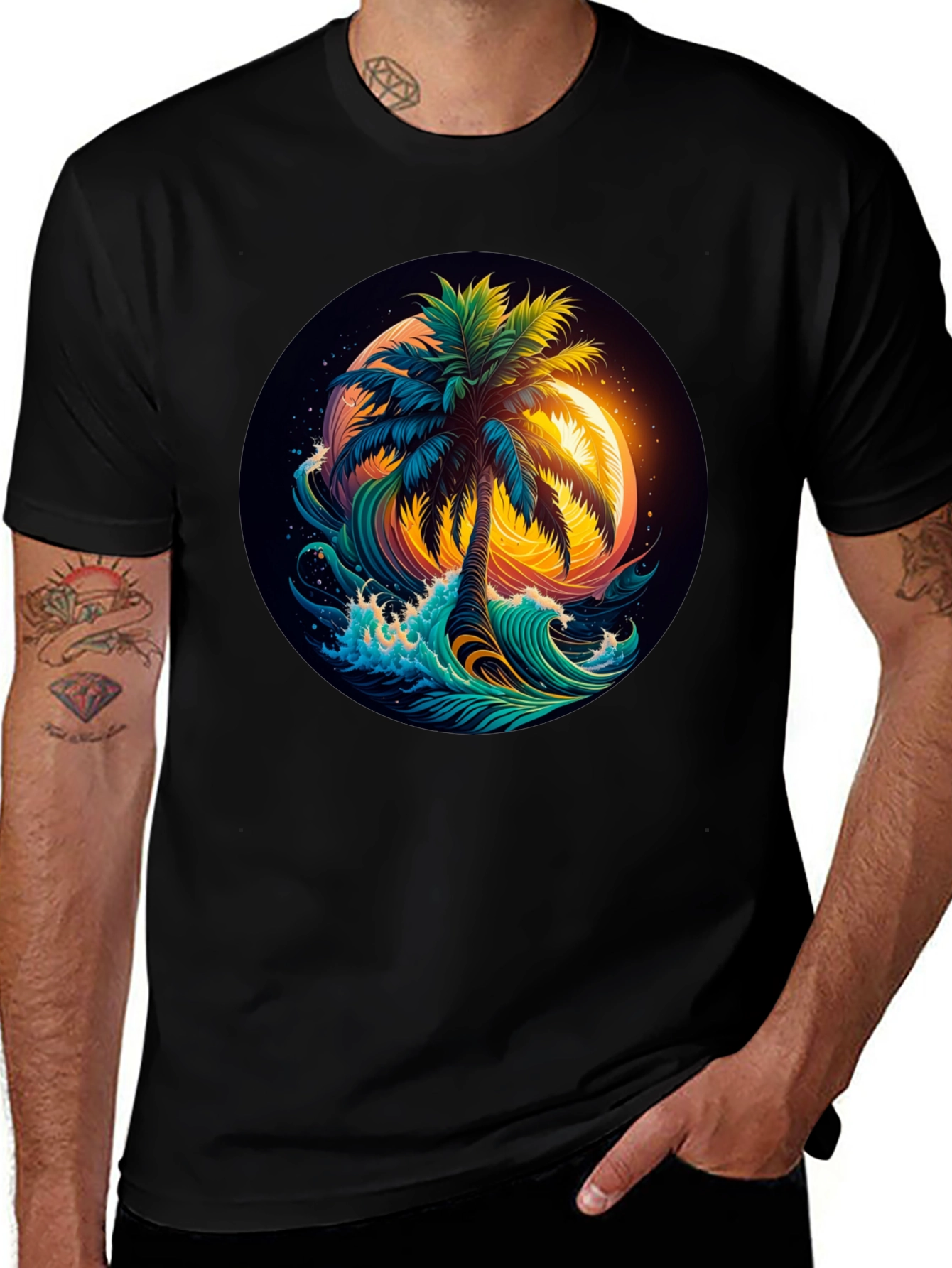 Variant 13 of Tropical Palm Wave Graphic Tee - Black