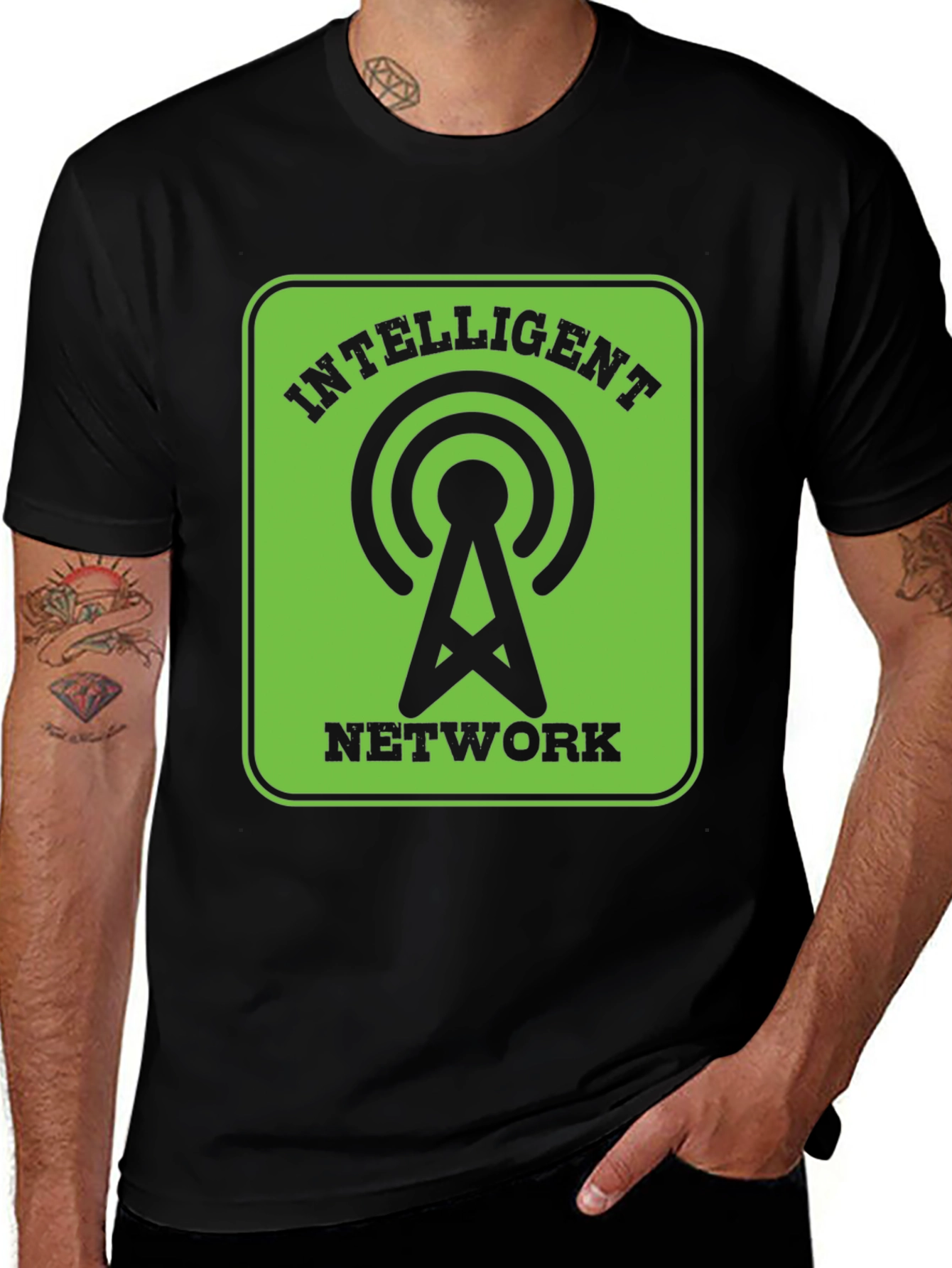 Intelligent Network Black T-Shirt - Green Design