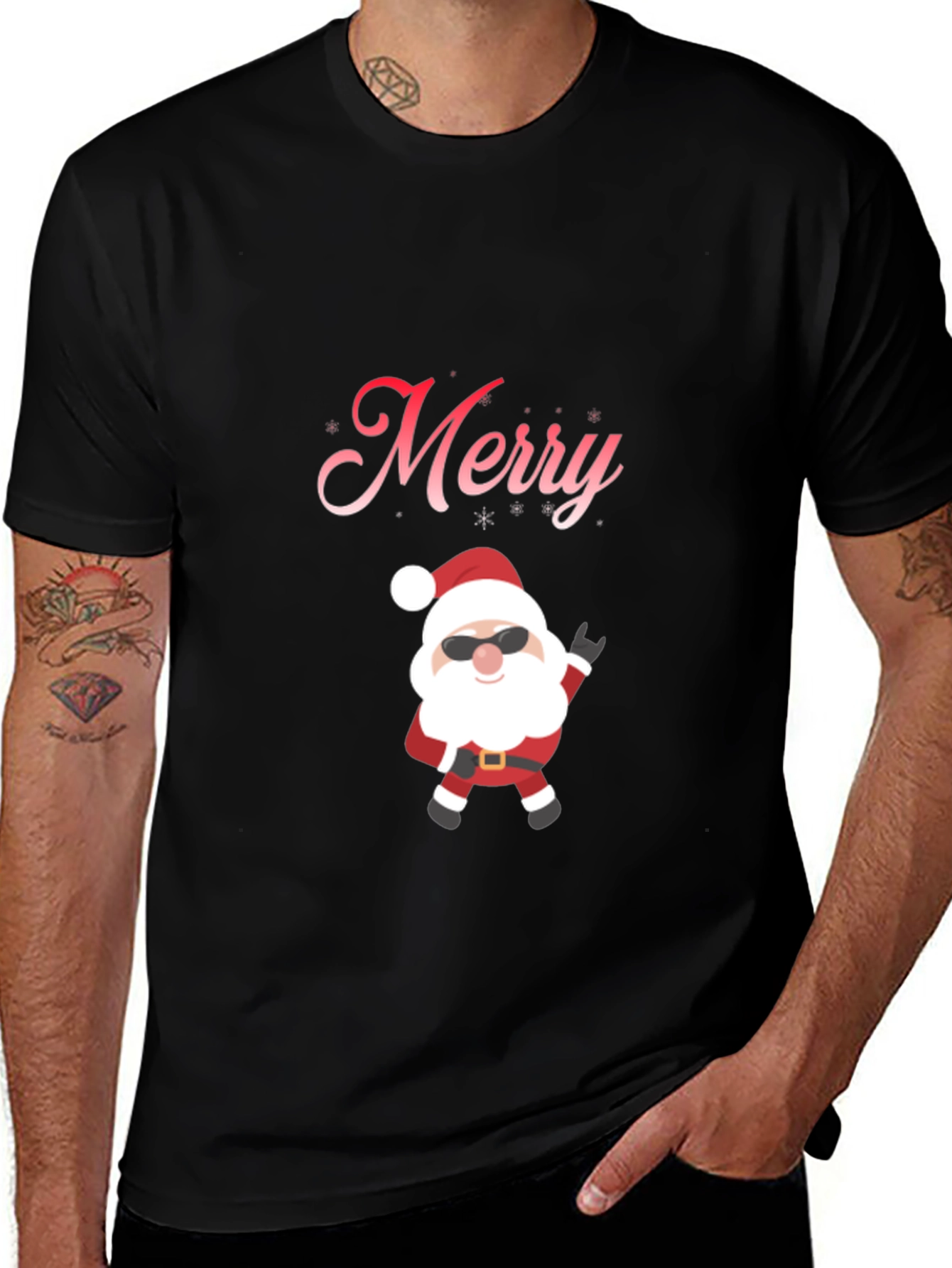 Merry Santa T-Shirt - Black Cotton Holiday Tee
