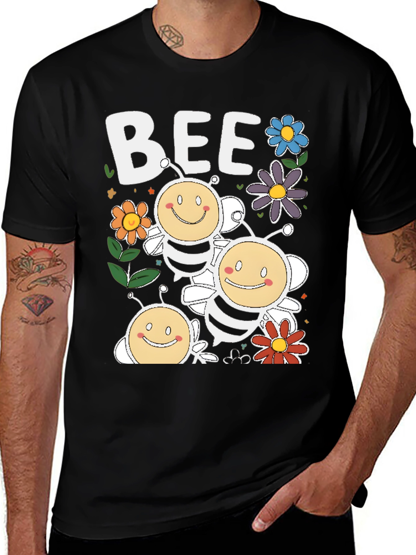 Variant 21 of Bee Happy Graphic T-Shirt - Cute Cartoon Bees & Flowers