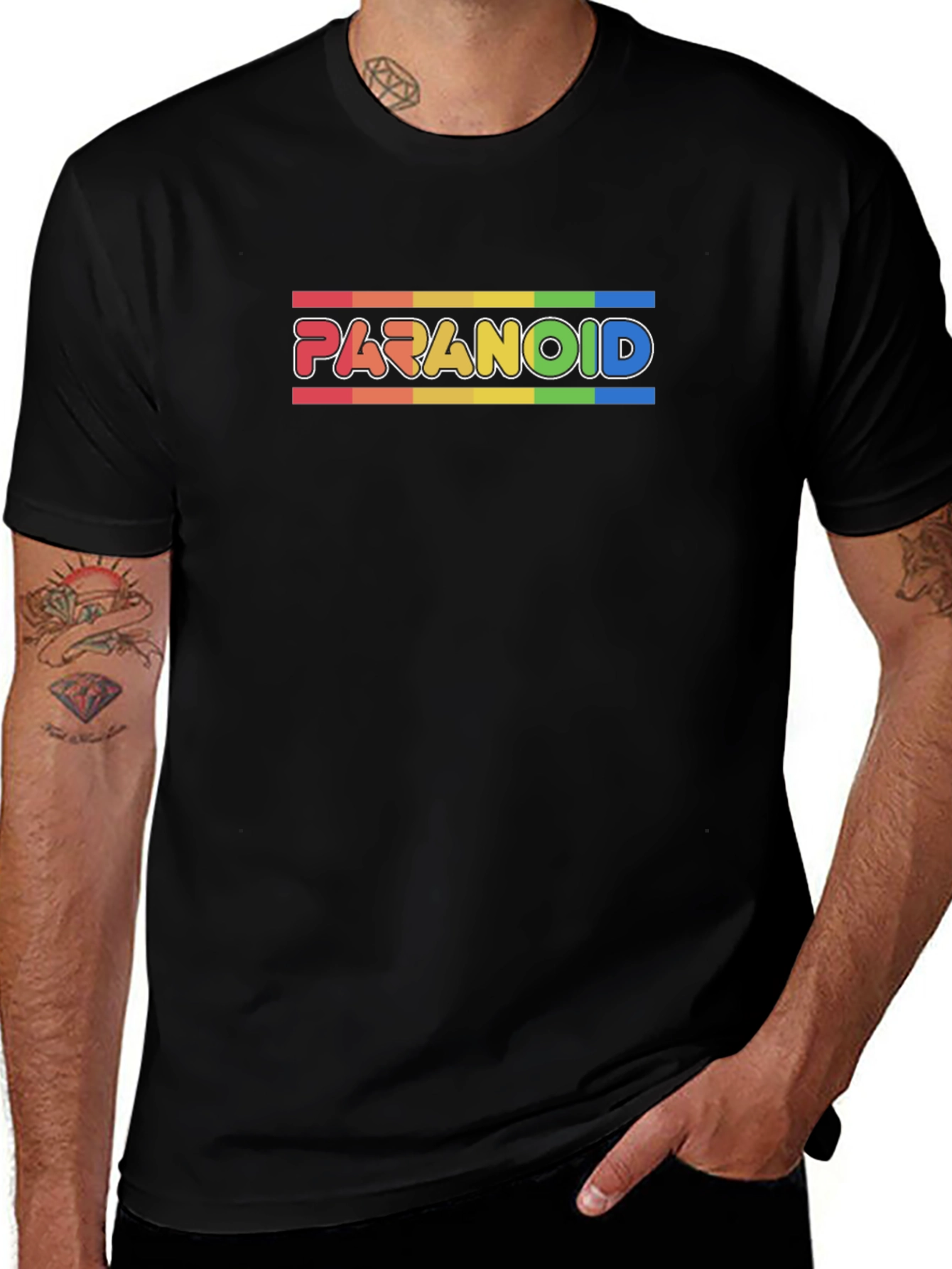 Variant 8 of Paranoid Rainbow Stripe Graphic Tee - Black