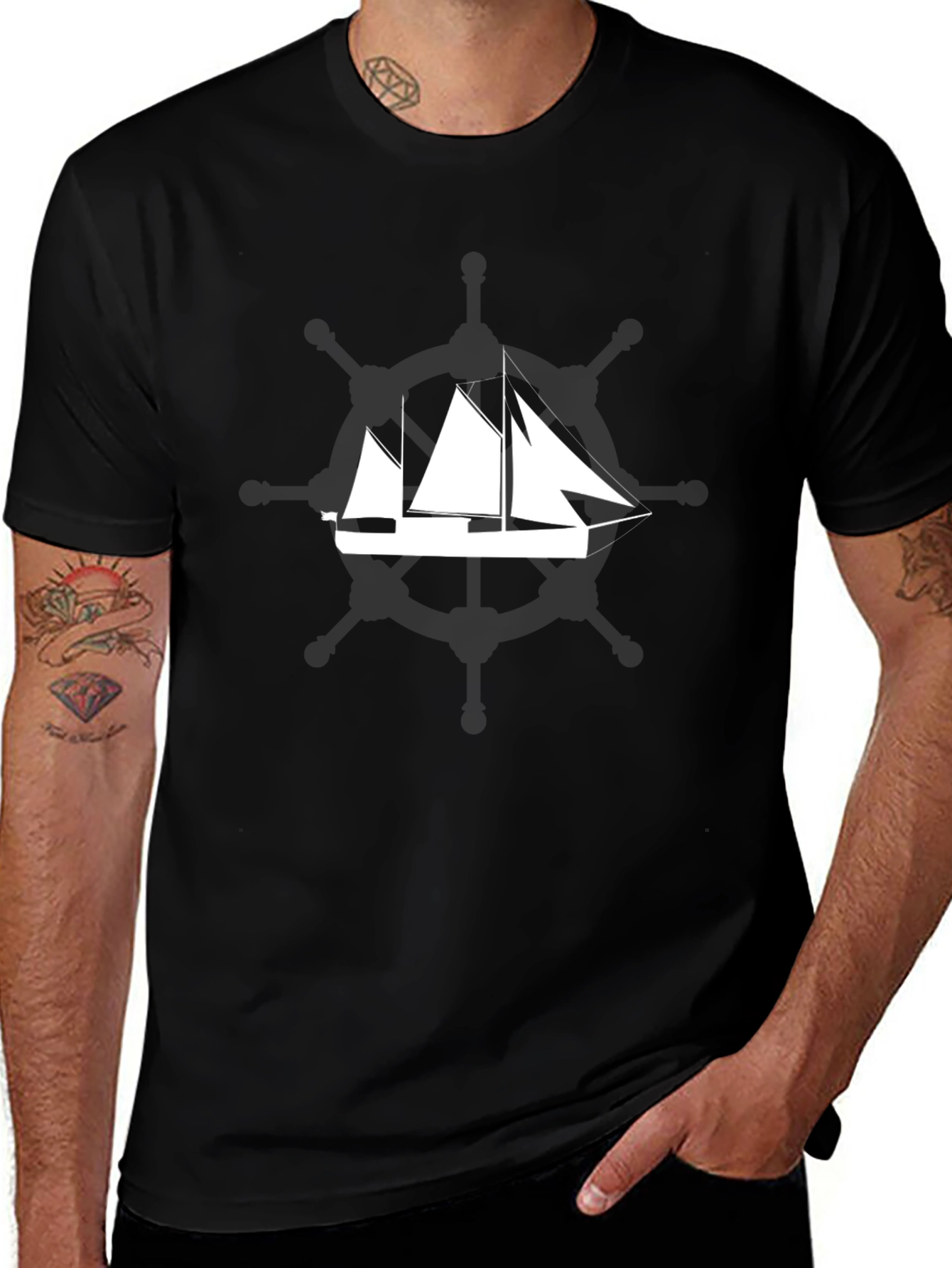 Variant 15 of Men's Black T-Shirt with Sailboat Graphic