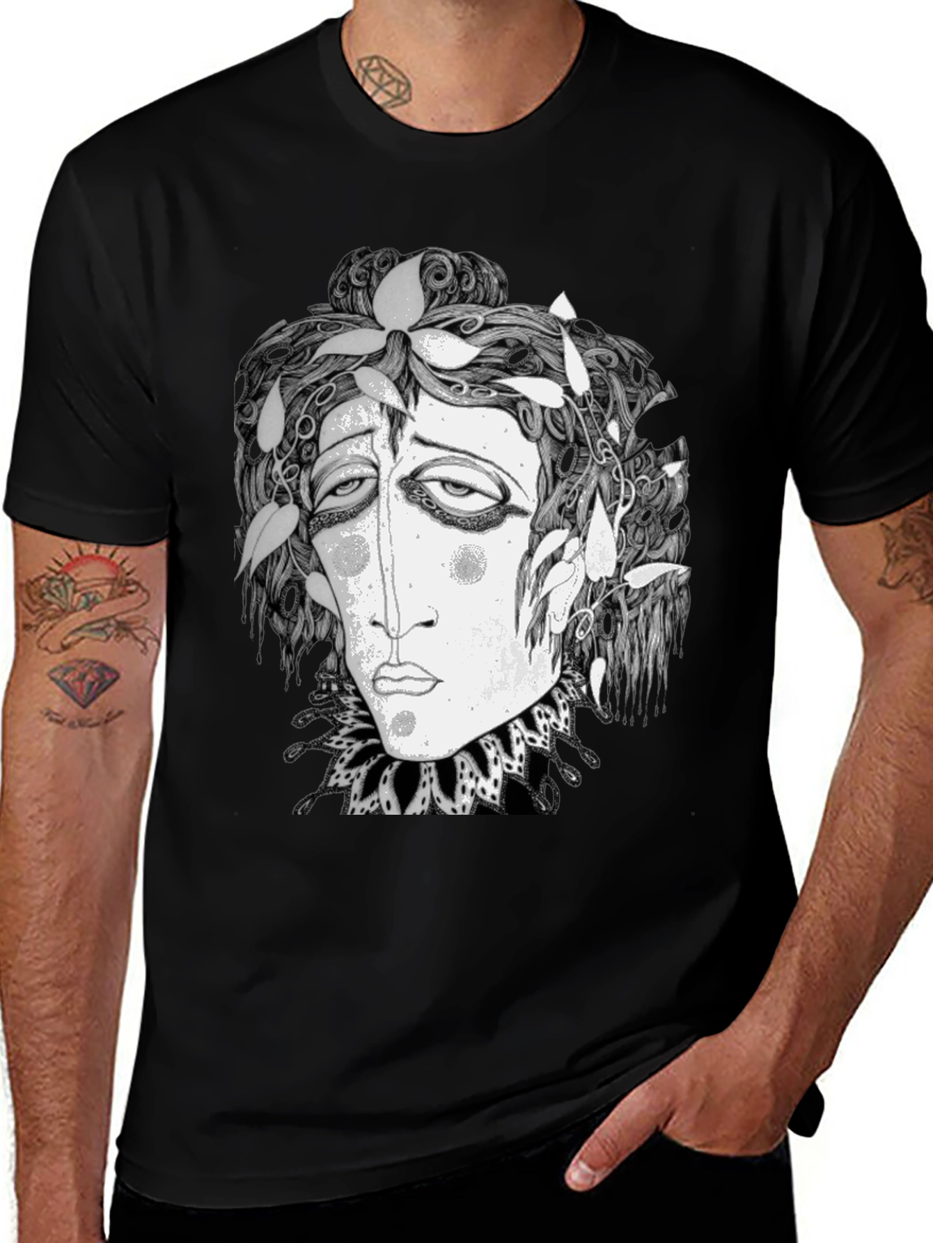 Black Surreal Face Graphic Print Black T-Shirt main image