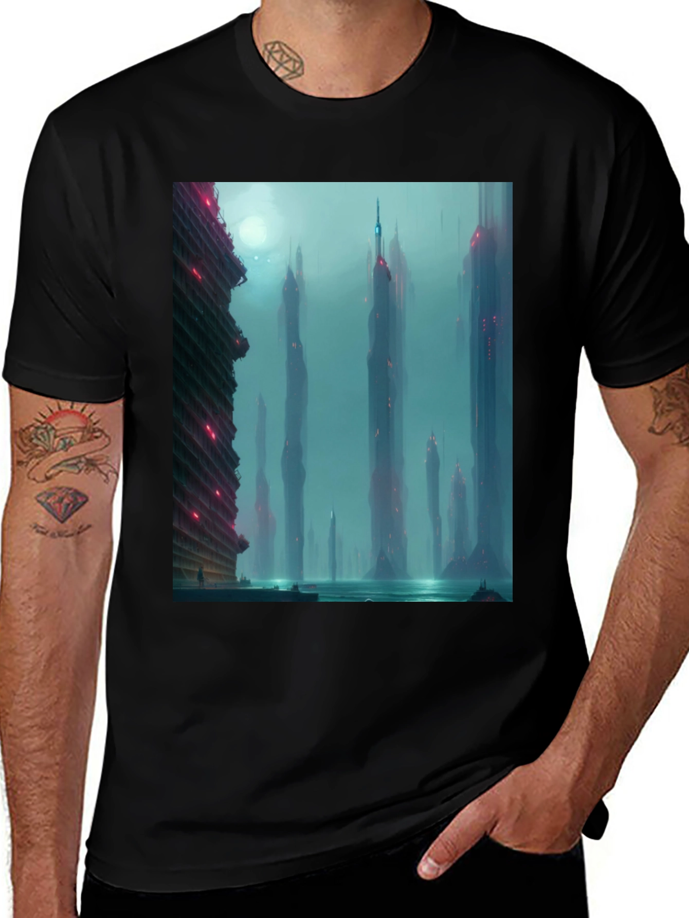 Variant 2 of Sci-Fi Cityscape Graphic Tee - Black Casual T-Shirt